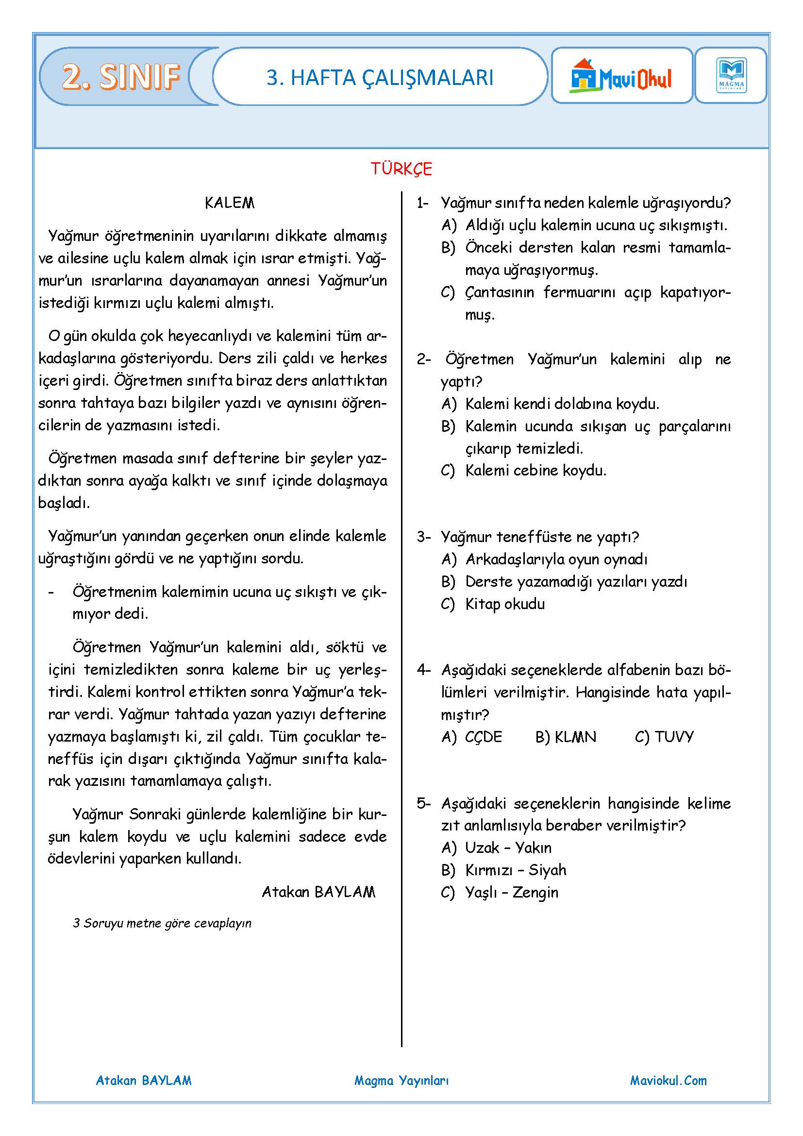 2. Sınıf 3. Hafta Değerlendirme Çalışması