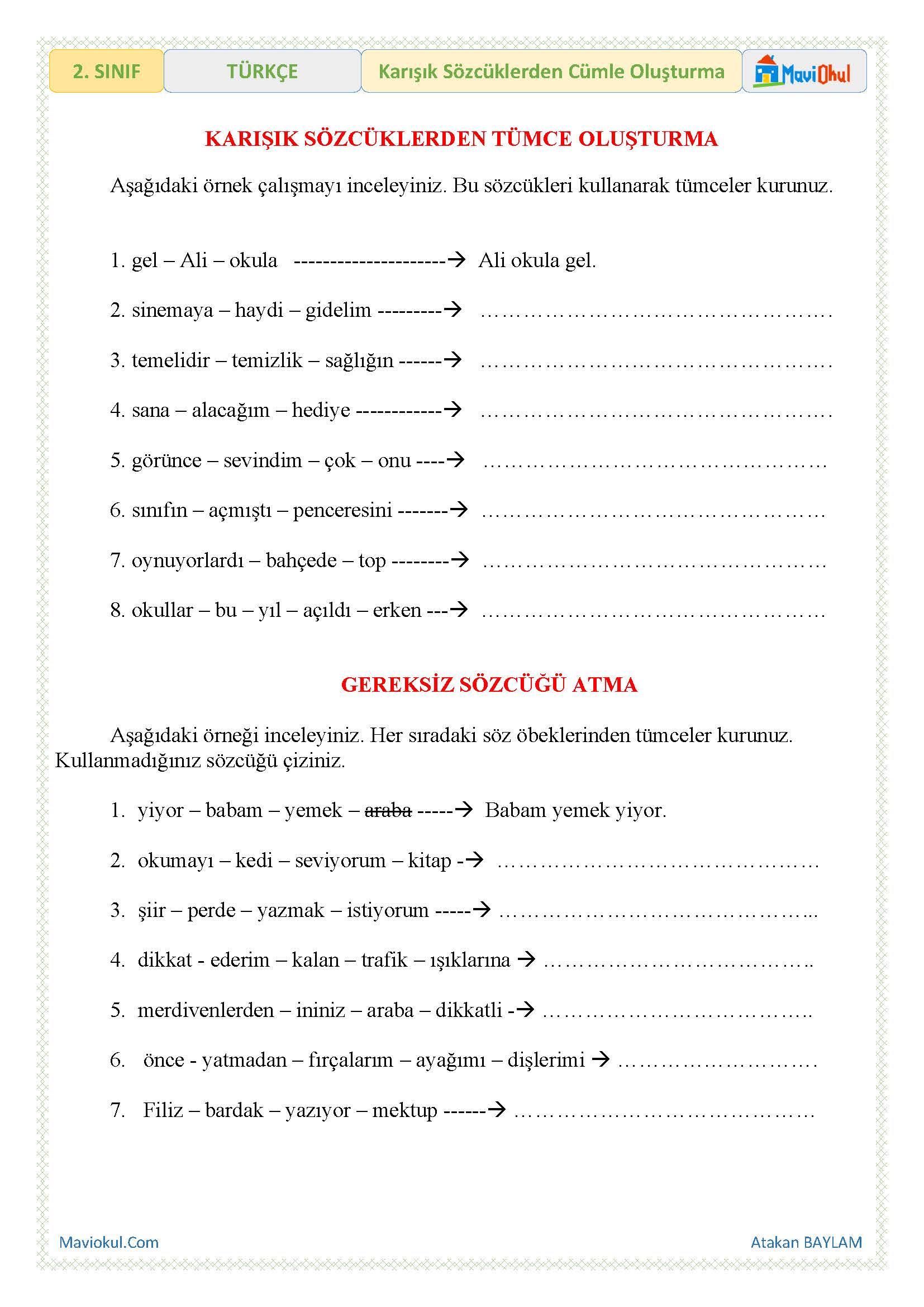 2. Sınıf Türkçe Karışık Sözcüklerden Cümle Türetme