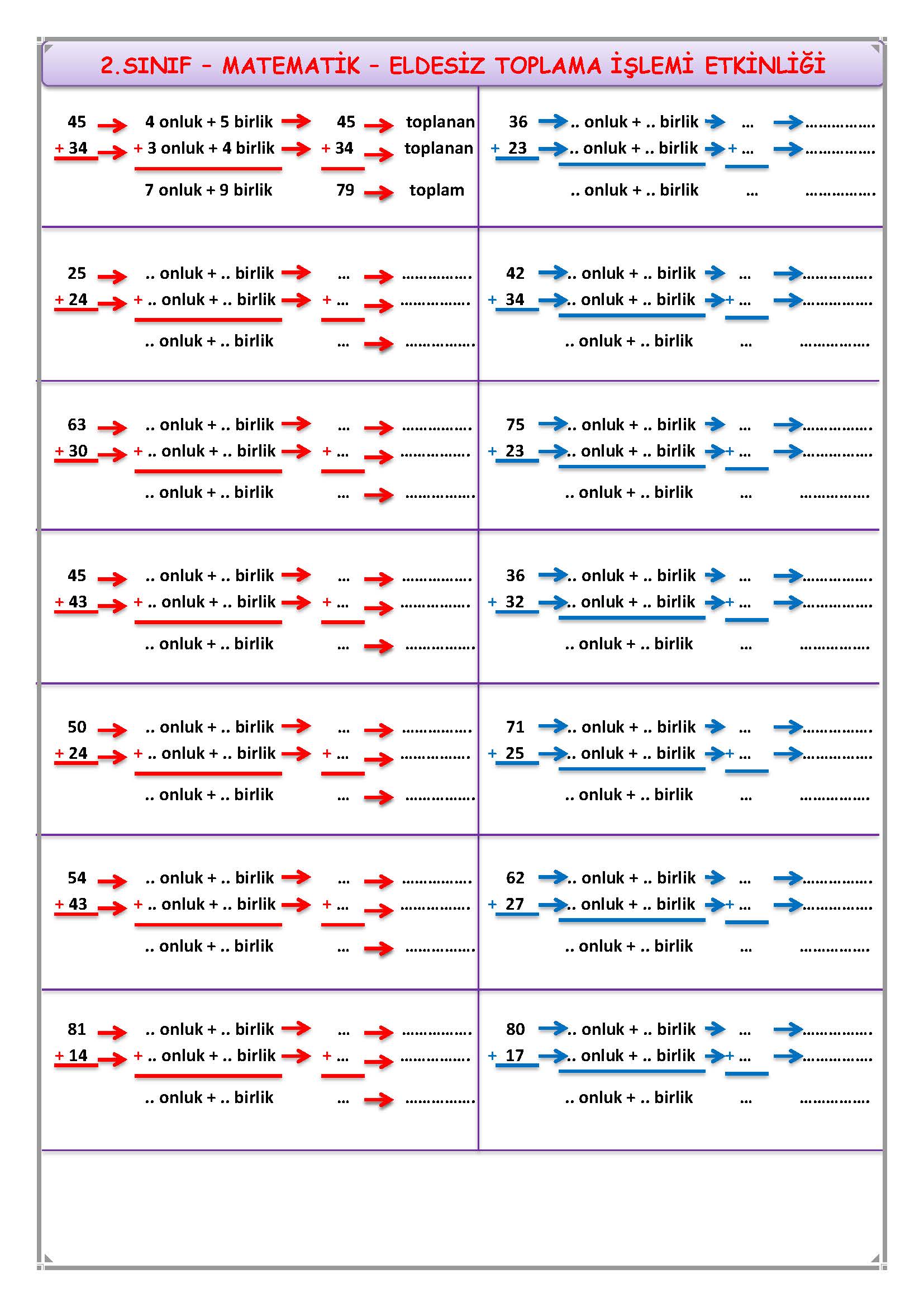 2. Sınıf Matematik Eldesiz Toplama İşlemi Çalışma Sayfası