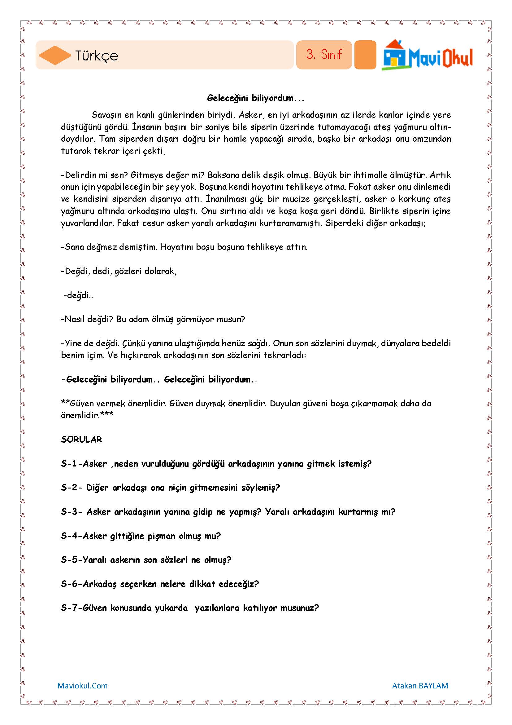 3. Sınıf Türkçe Okuma Anlama Çalışması - Geleceğini Biliyordum