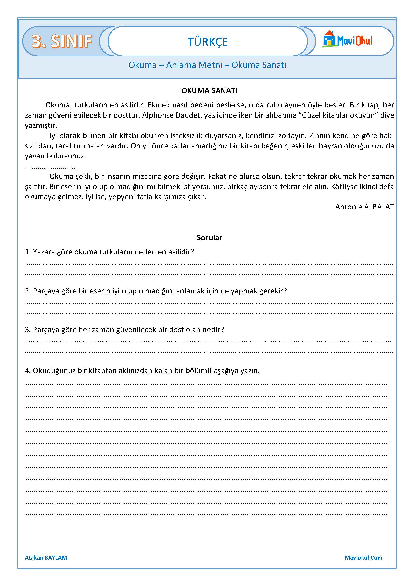 3. Sınıf Türkçe Okuma Anlama Çalışması - Okuma Sanatı