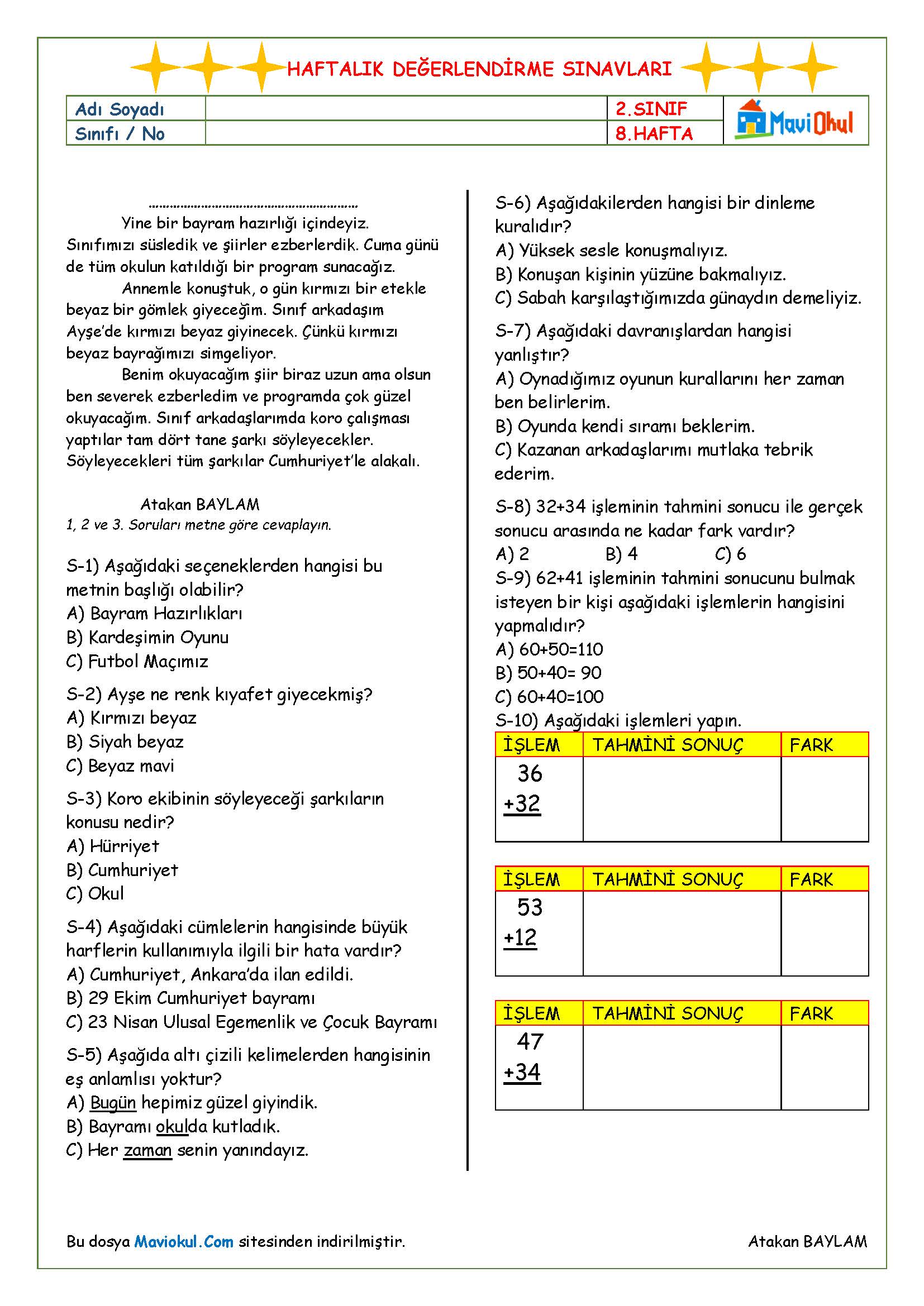2. Sınıf 8. Hafta (30 Ekim - 3 Kasım) Haftalık Kazanım Değerlendirme Sınavı