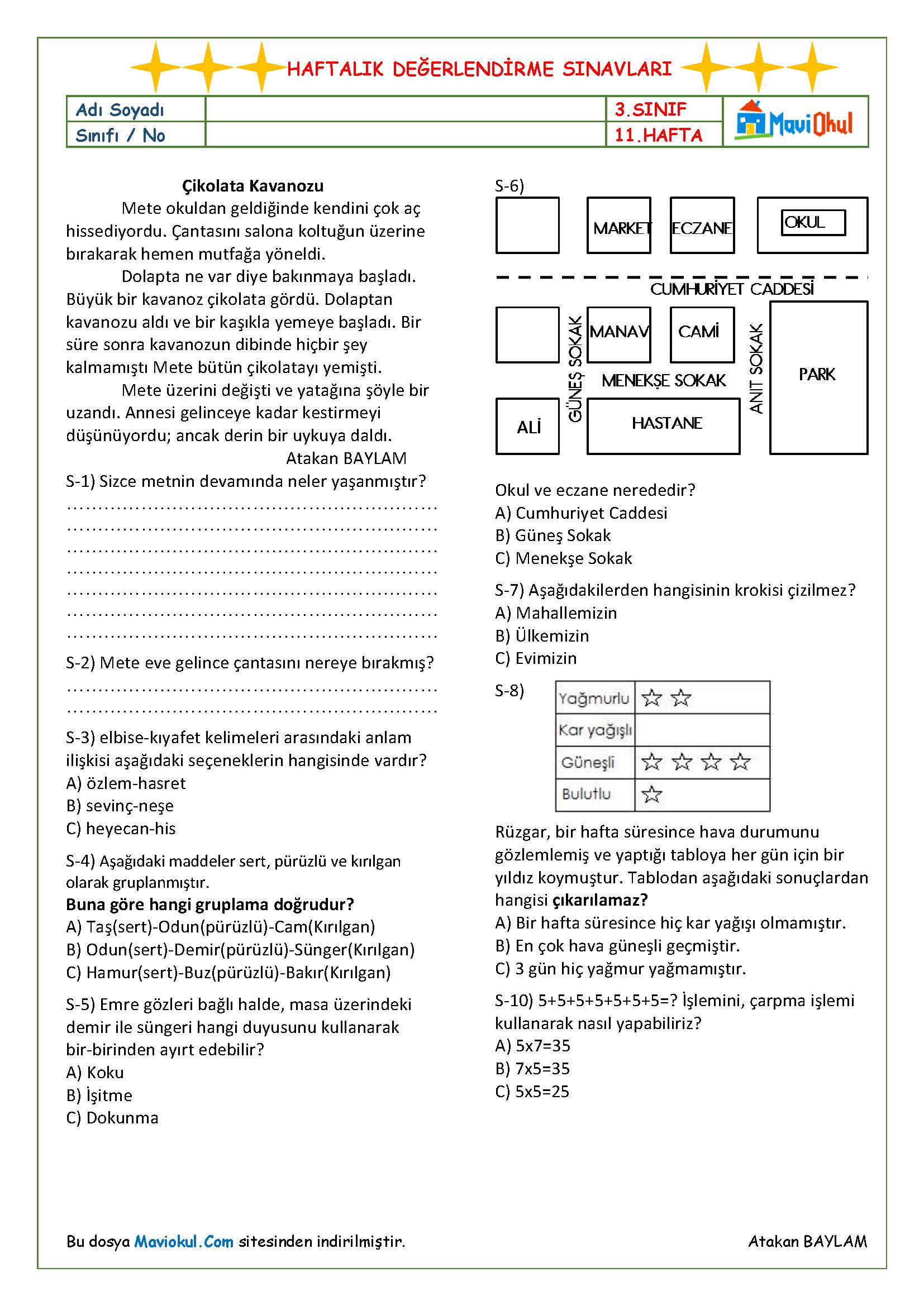3. Sınıf 11. Hafta (27 Kasım - 1 Aralık) Haftalık Kazanım Değerlendirme Sınavı