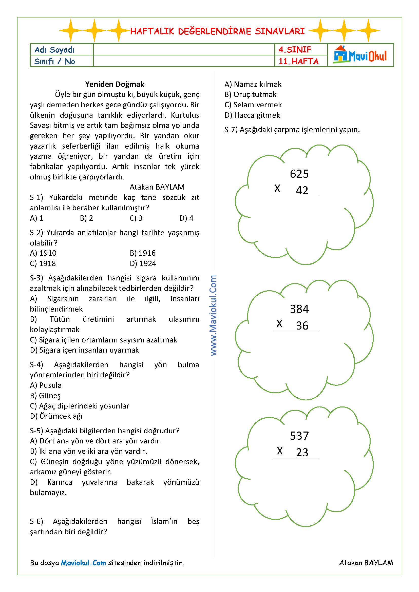 4. Sınıf 11. Hafta (27 Kasım - 1 Aralık) Haftalık Kazanım Değerlendirme Sınavı