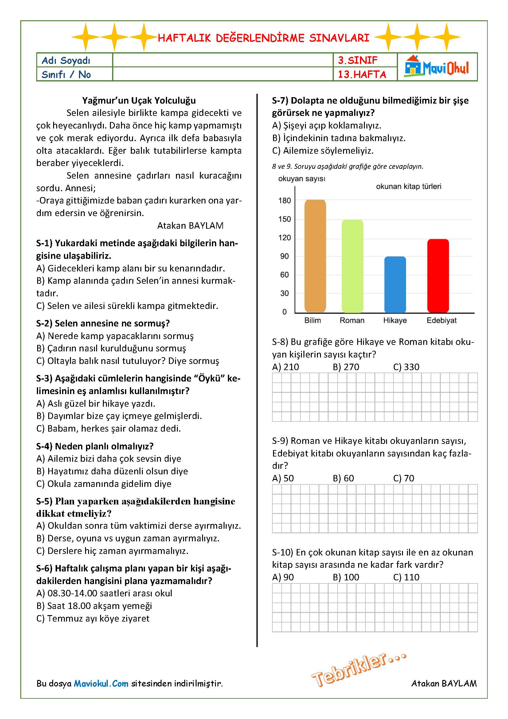 3. Sınıf 13. Hafta (11-15 Aralık) Haftalık Kazanım Değerlendirme Sınavı