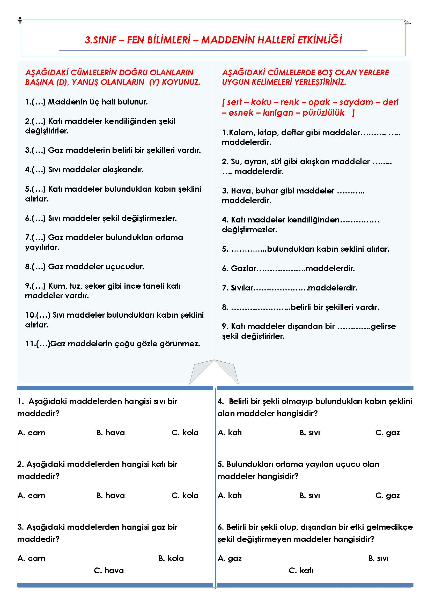 3.Sınıf - Fen Bilimleri - Maddenin Halleri Etkinliği