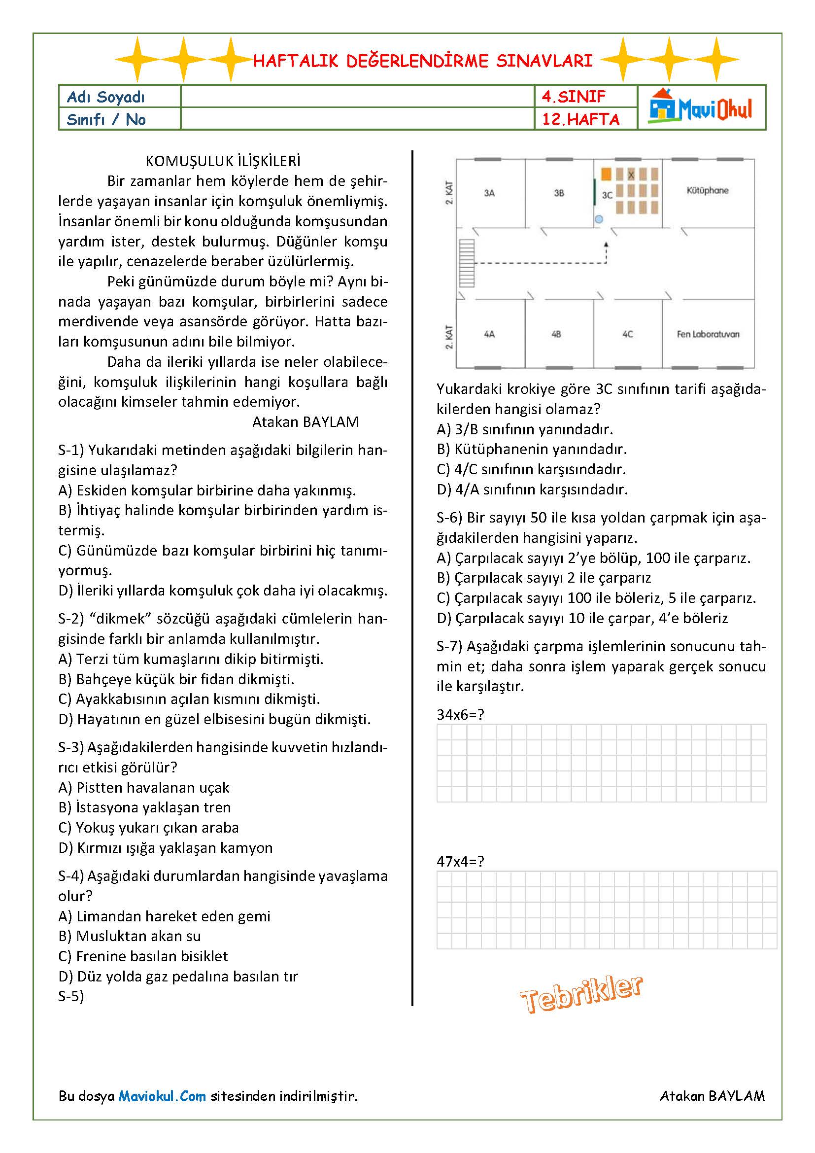 4. Sınıf 12. Hafta (04-08 Aralık) Haftalık Kazanım Değerlendirme Sınavı