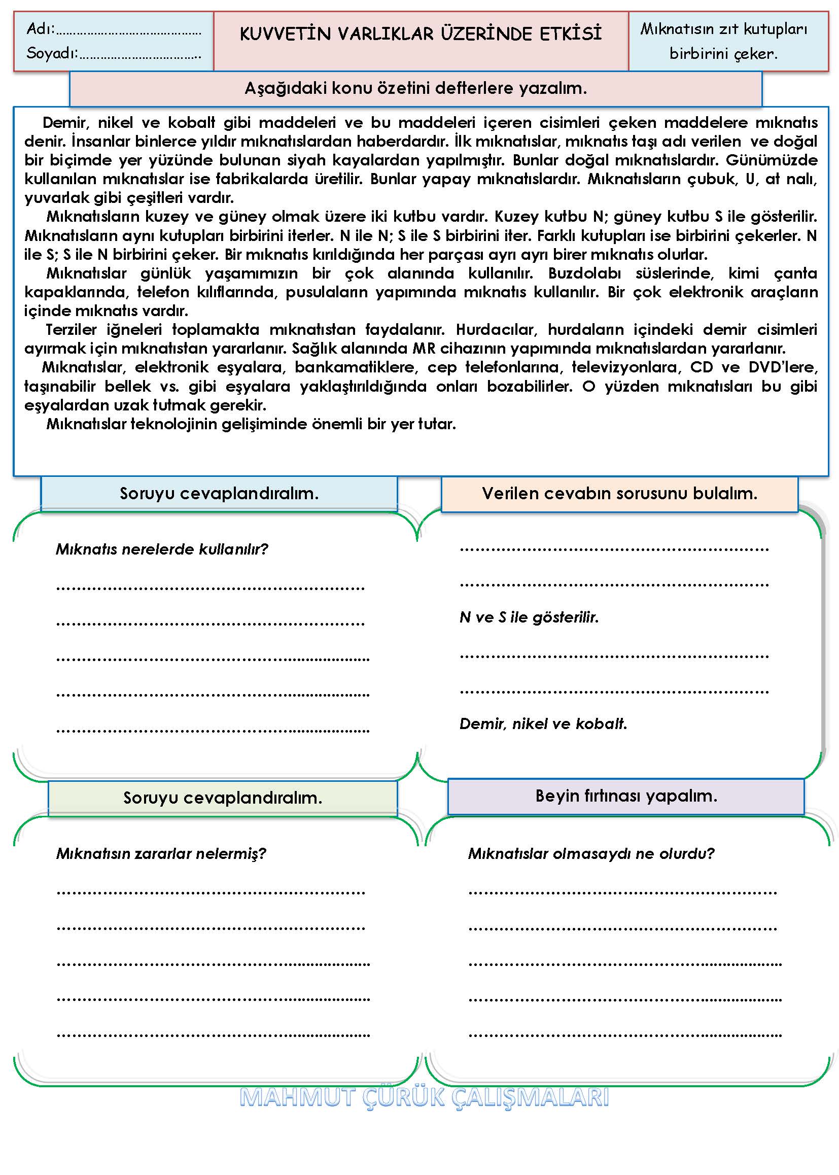 4.Sınıf - Fen Bilimleri - Mıknatıs ve Kullanıldığı Yerler Konu Özeti