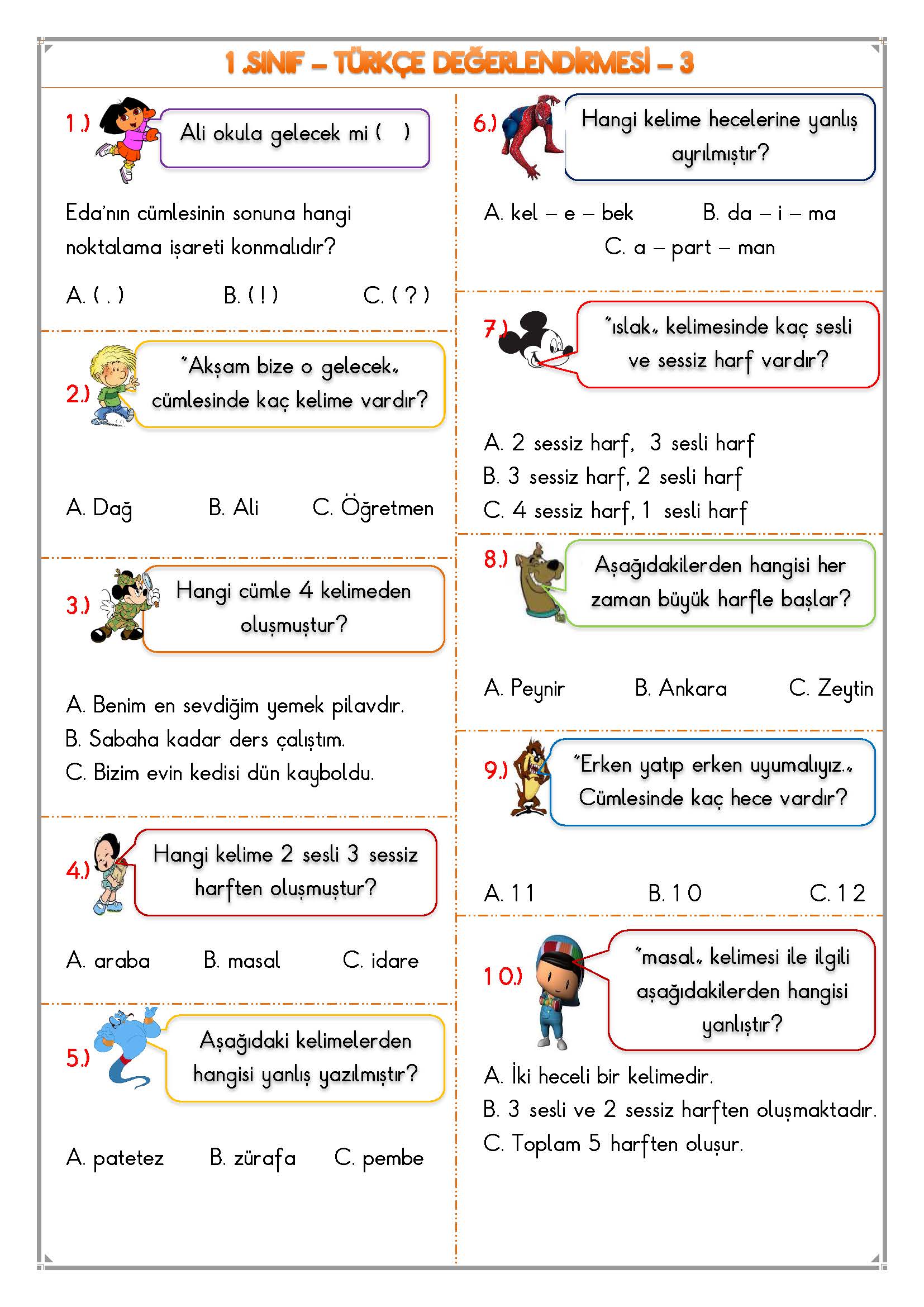 1.Sınıf - Türkçe Değerlendirme Sınavı - 3