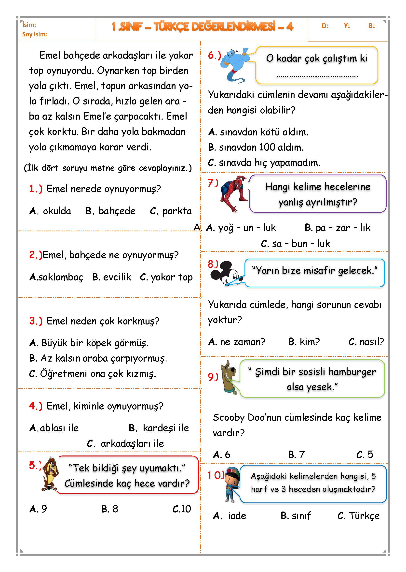 1.Sınıf - Türkçe Değerlendirme Sınavı - 4