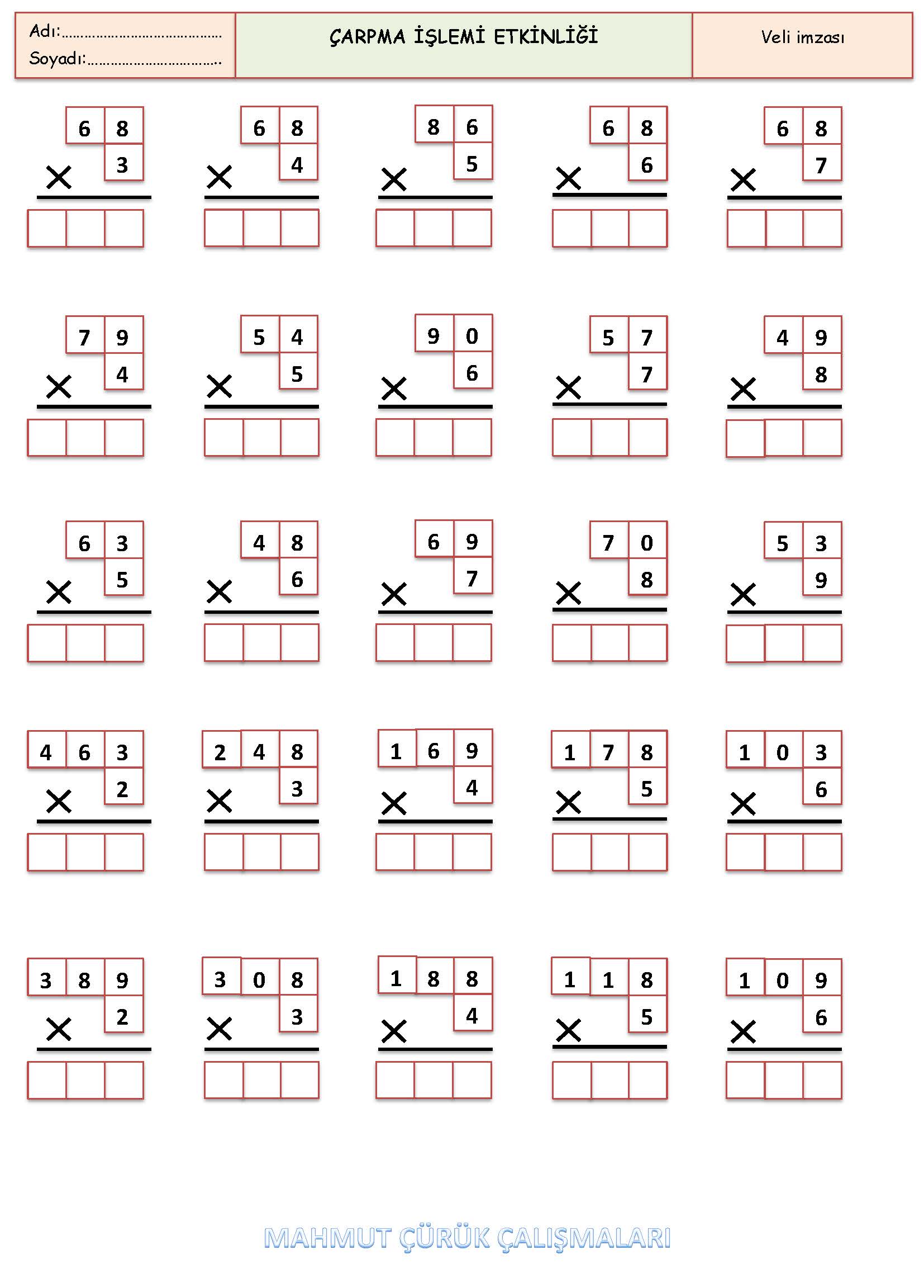 3. Sınıf Matematik Çarpma İşlemi Alıştırmaları
