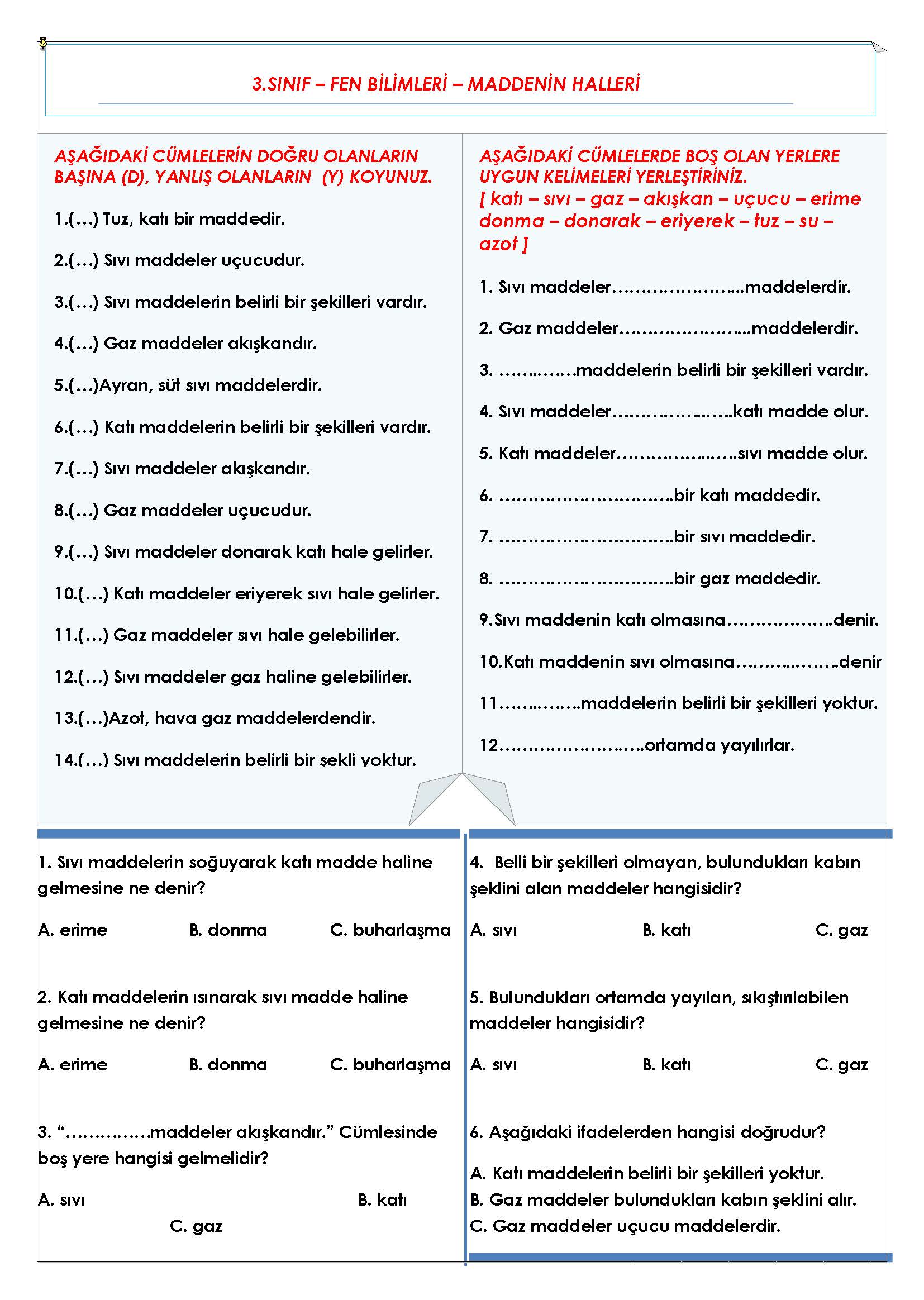 3. Sınıf Fen Bilimleri Maddenin Halleri Etkinliği
