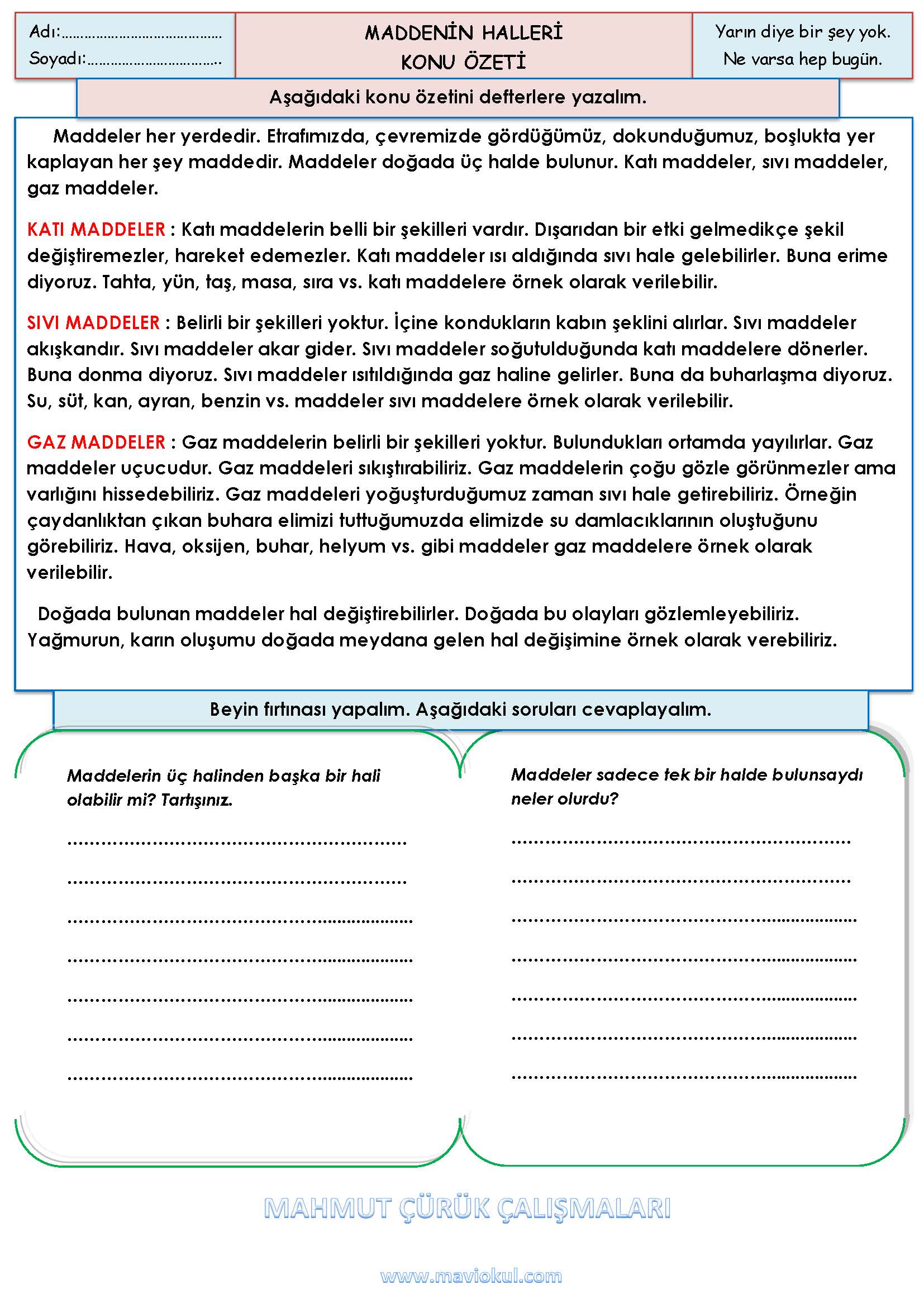 3. Sınıf Fen Bilimleri Maddenin Halleri Konu Özeti