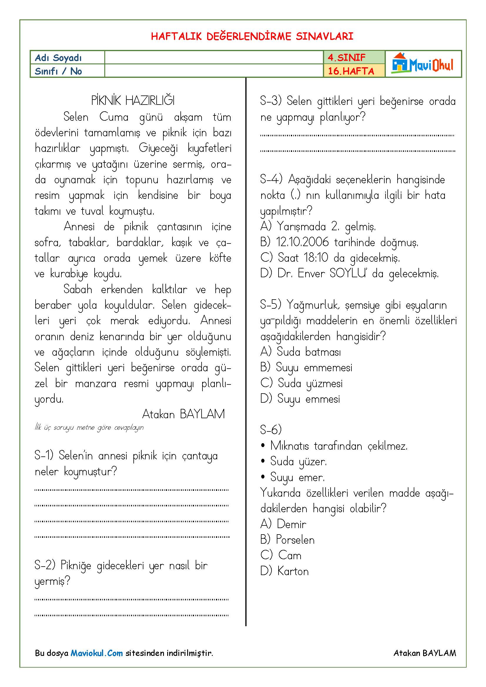 4. Sınıf 16. Hafta (01-05 Ocak) Haftalık Kazanım Değerlendirme Sınavı