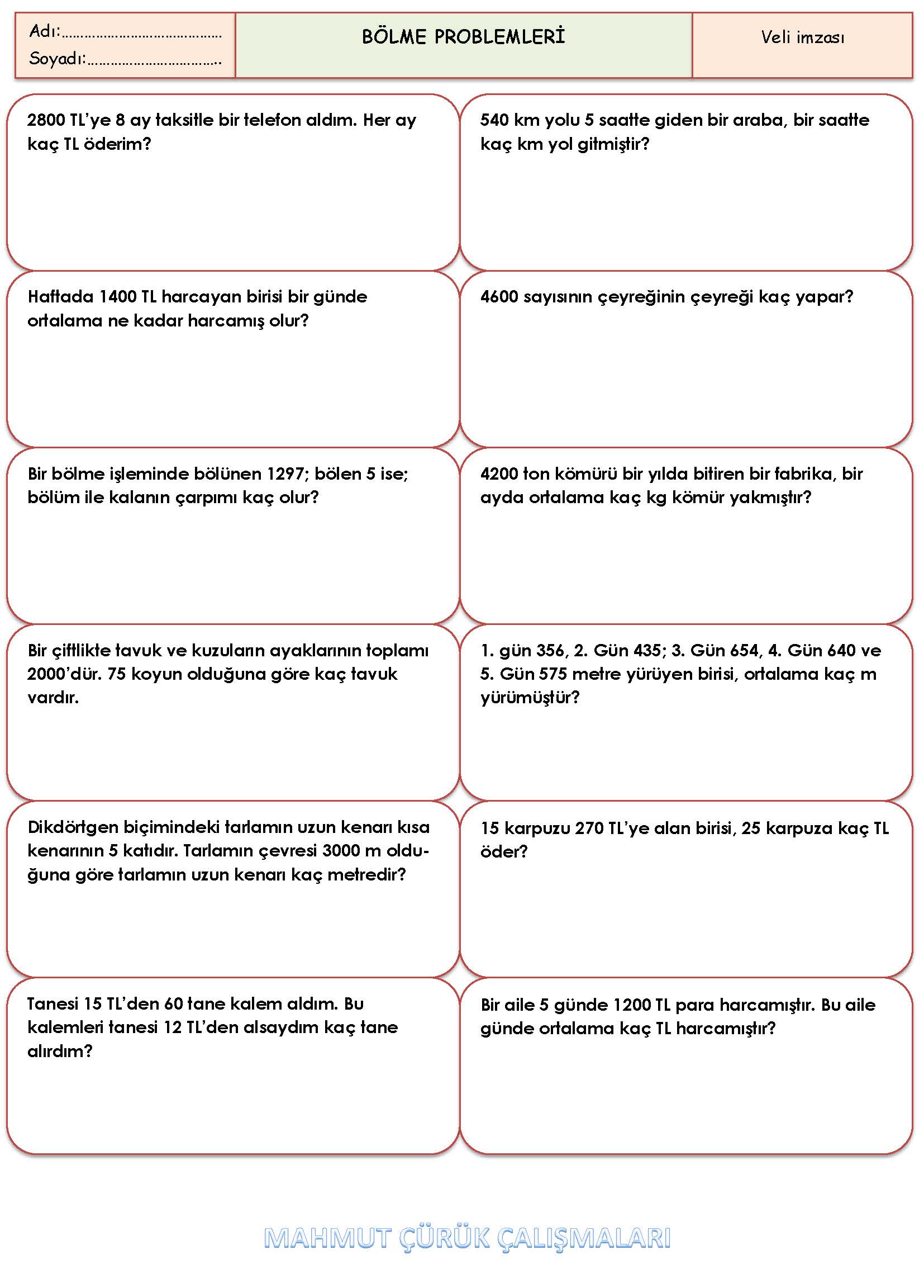 4. Sınıf Matematik Bölme işlemi Problemleri