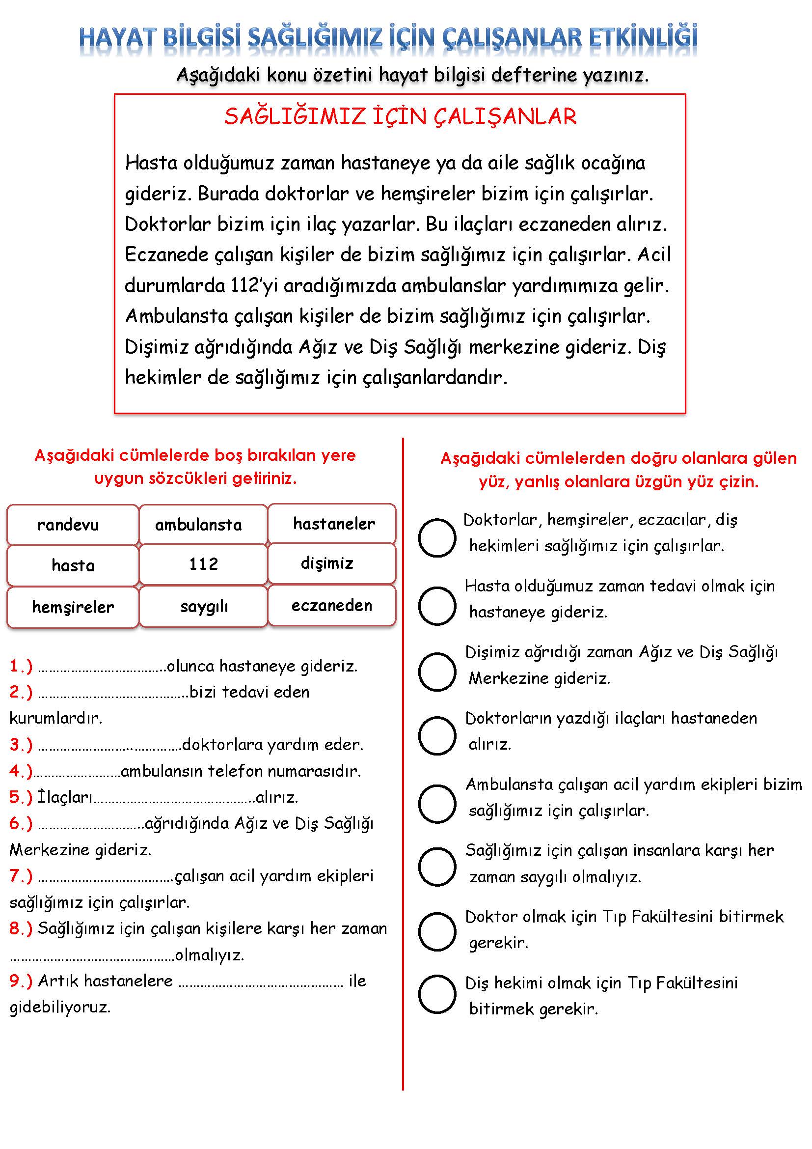 2. Sınıf Hayat Bilgisi Sağlığımız İçin Çalışanlar
