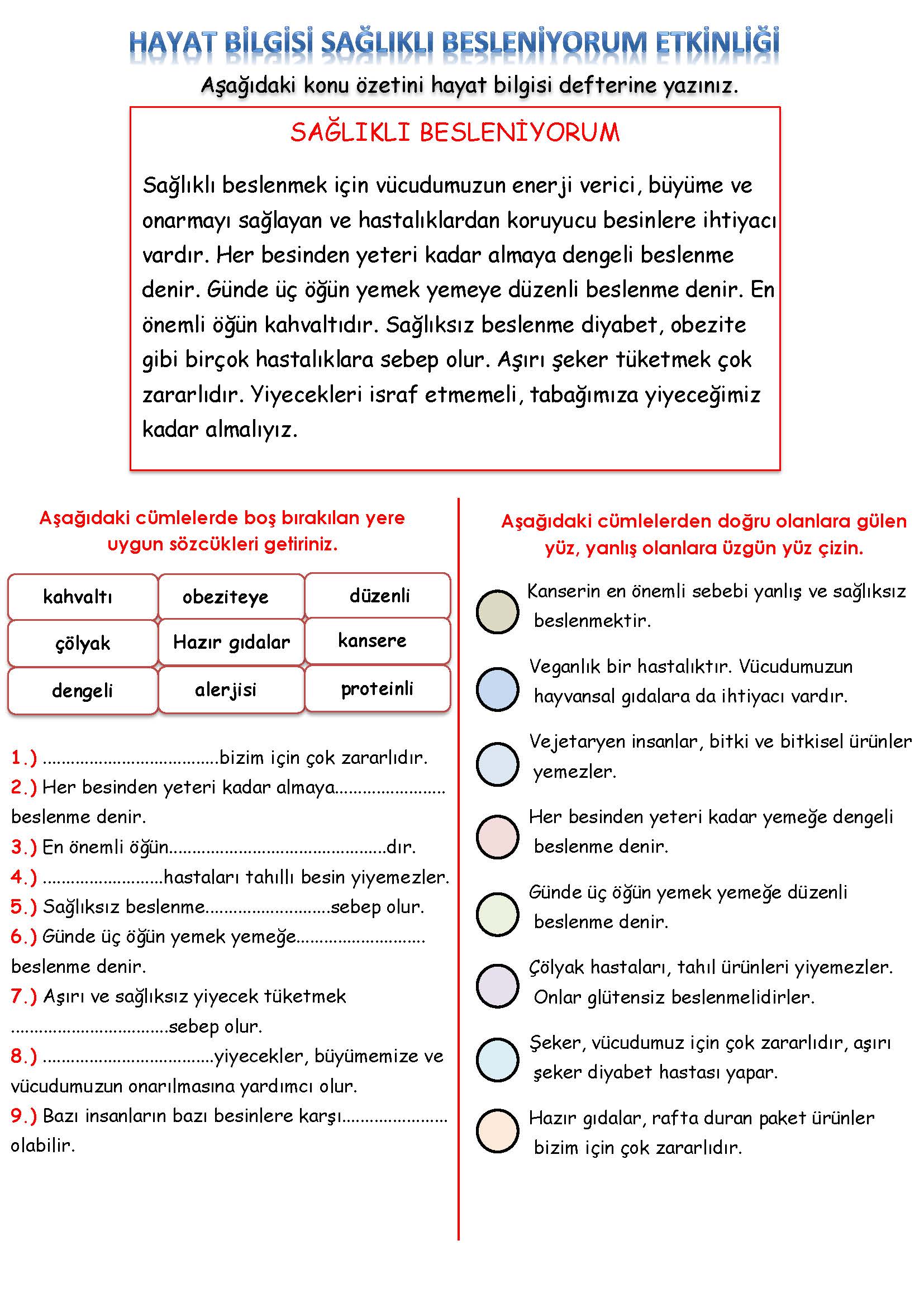 3. Sınıf Hayat Bilgisi Sağlıklı Besleniyorum Etkinliği