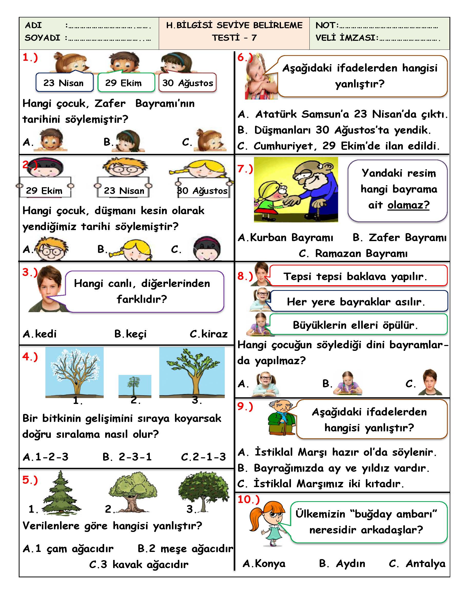 1. Sınıf Hayat Bilgisi Seviye Belirleme Testi-7