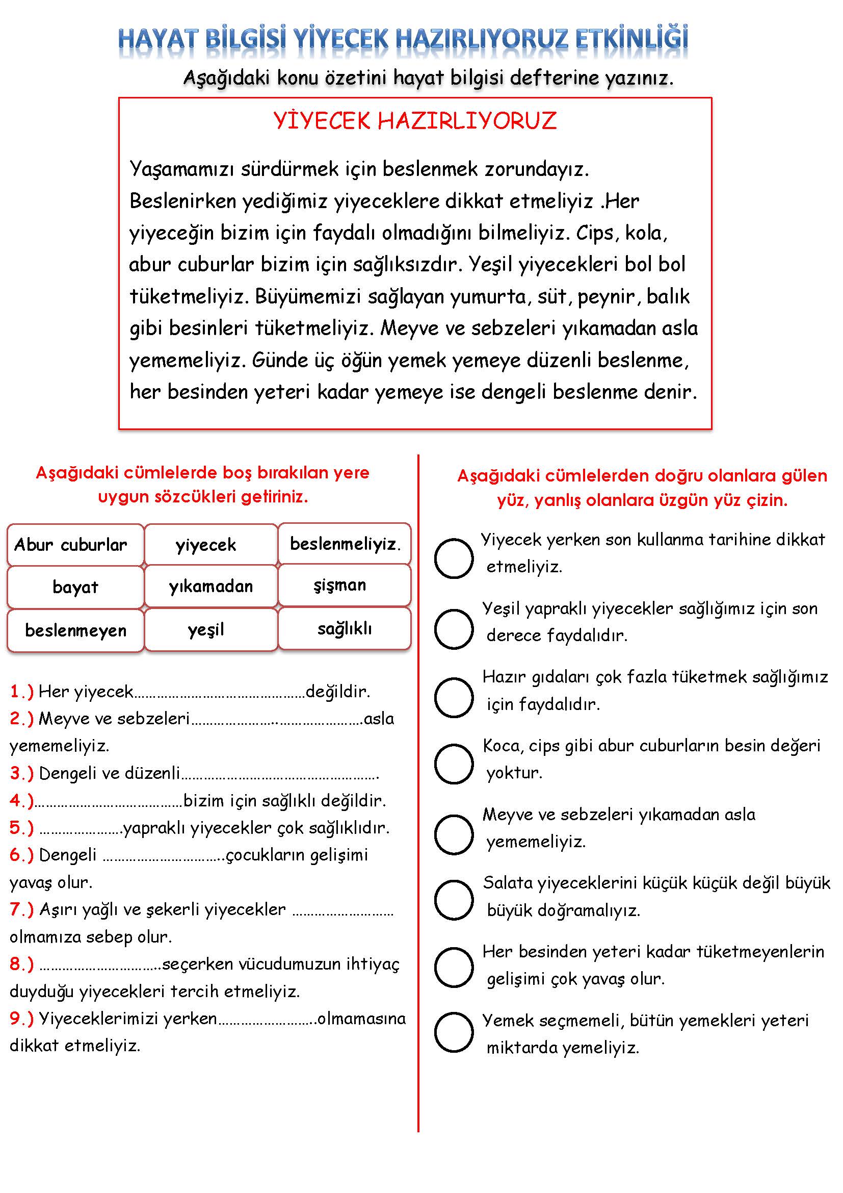 2. Sınıf Hayat Bilgisi Yiyecek Hazırlıyoruz
