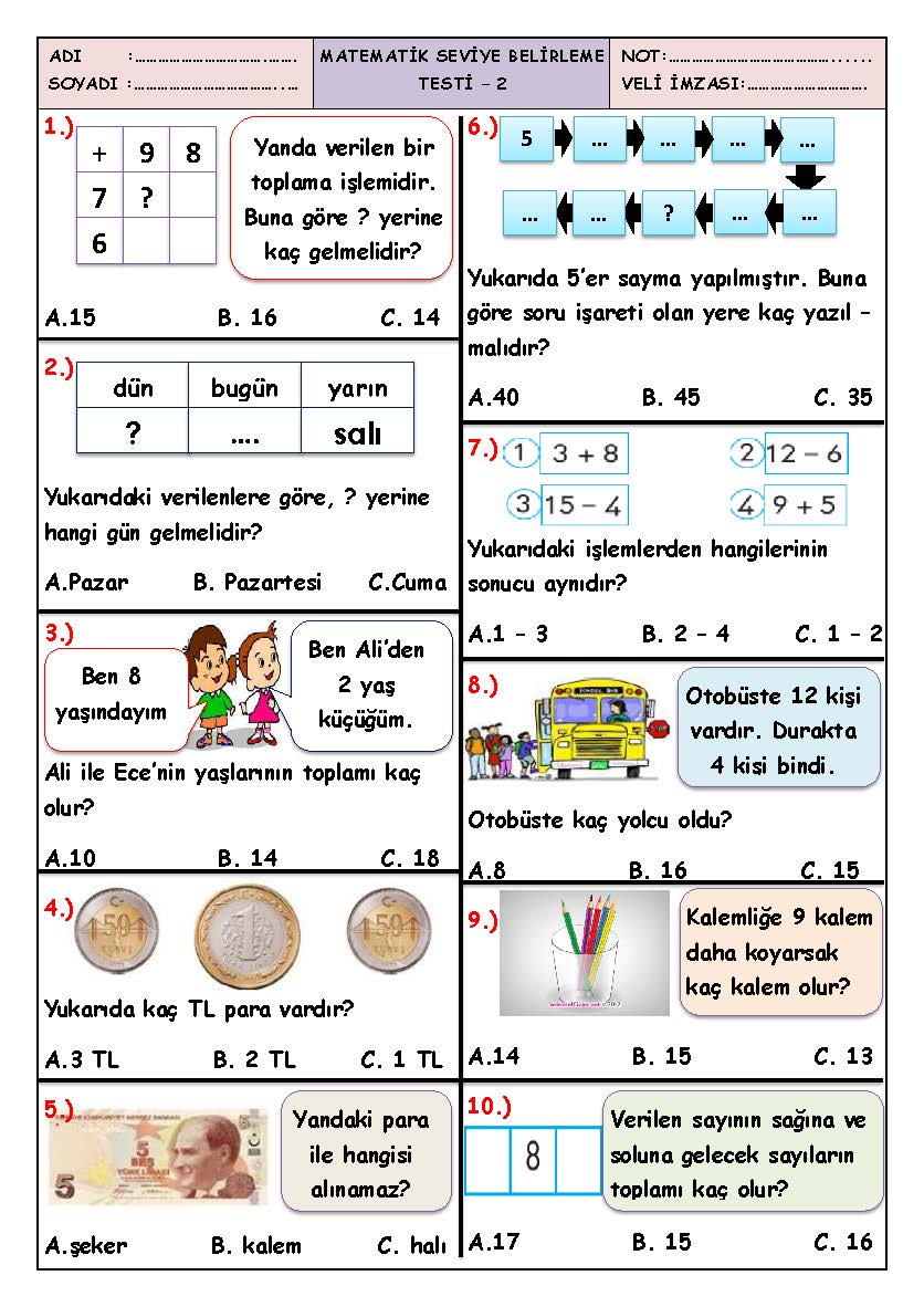 1. Sınıf Matematik Seviye Belirleme Test-2