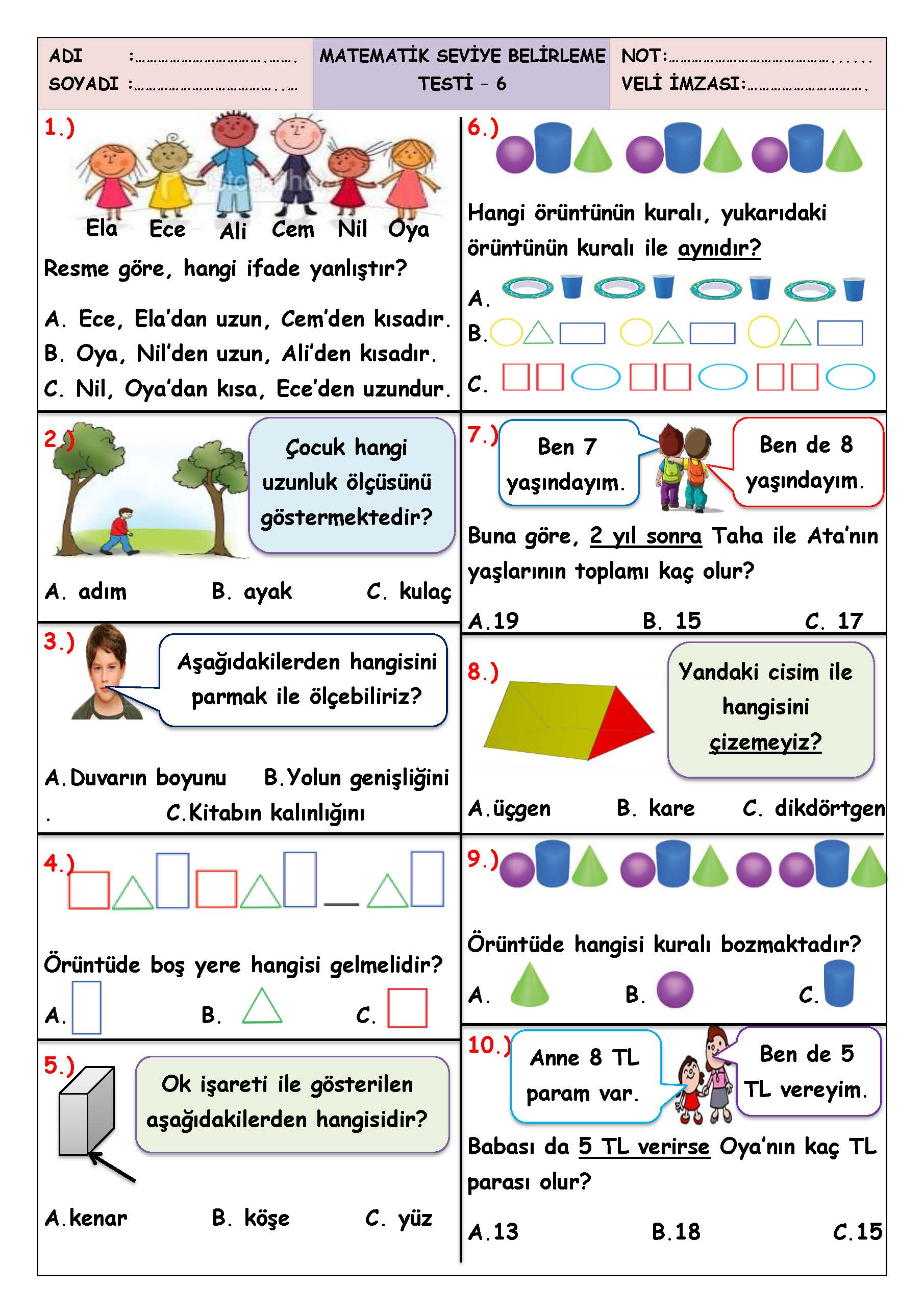 1. Sınıf Matematik Seviye Belirleme Test-6