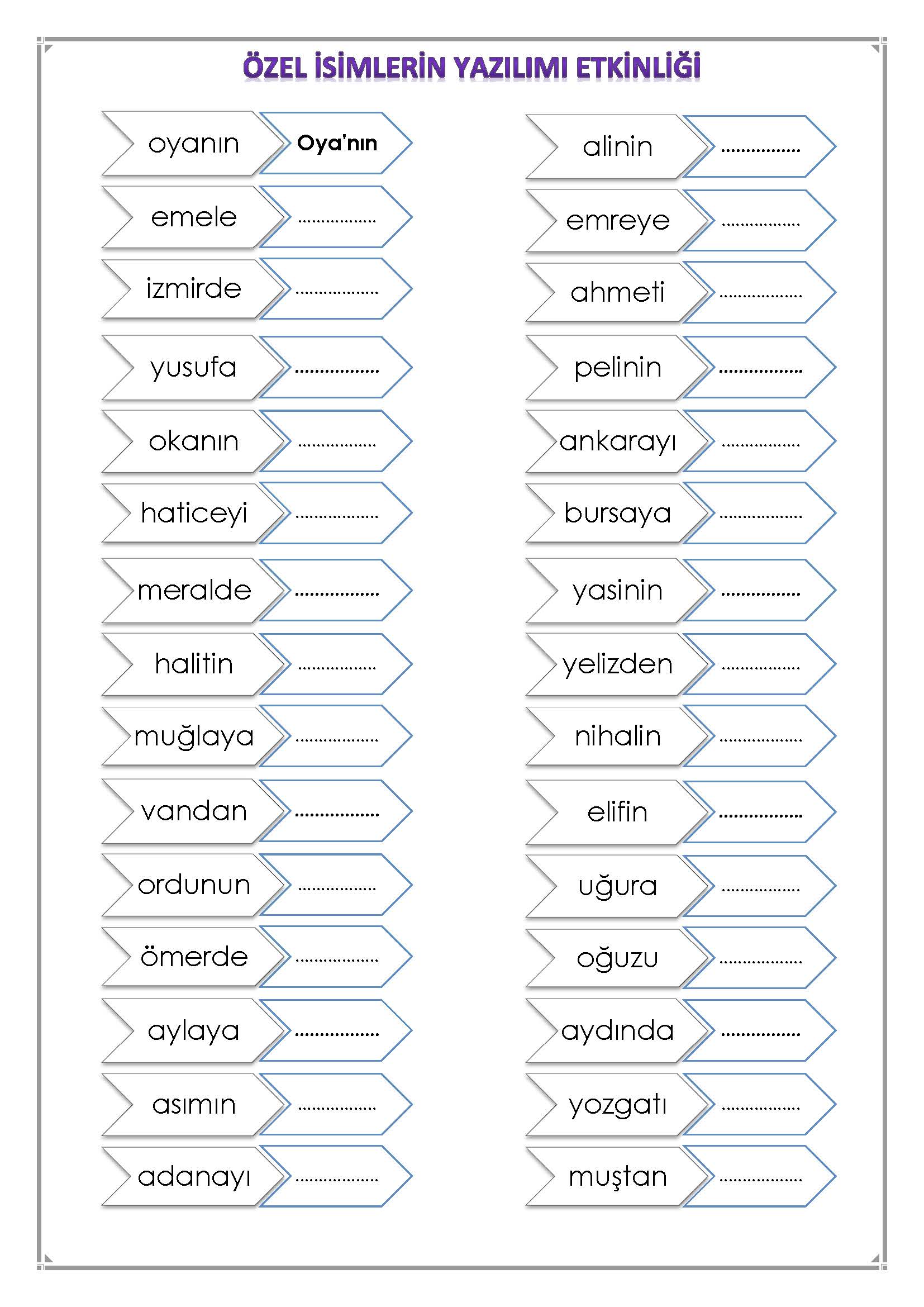 1. Sınıf Türkçe Özel İsimlerin Yazılımı Etkinliği