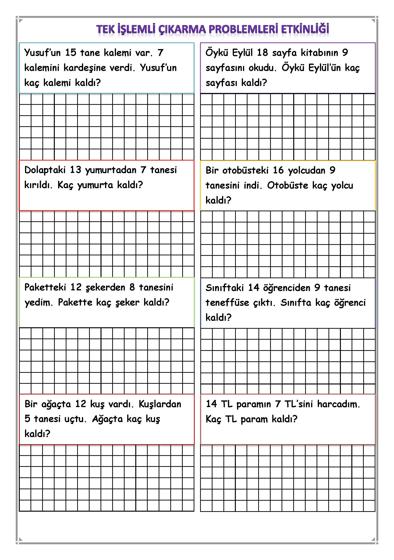 1. Sınıf Matematik Tek İşlemli Çıkarma İşlemi Problemleri Etkinliği