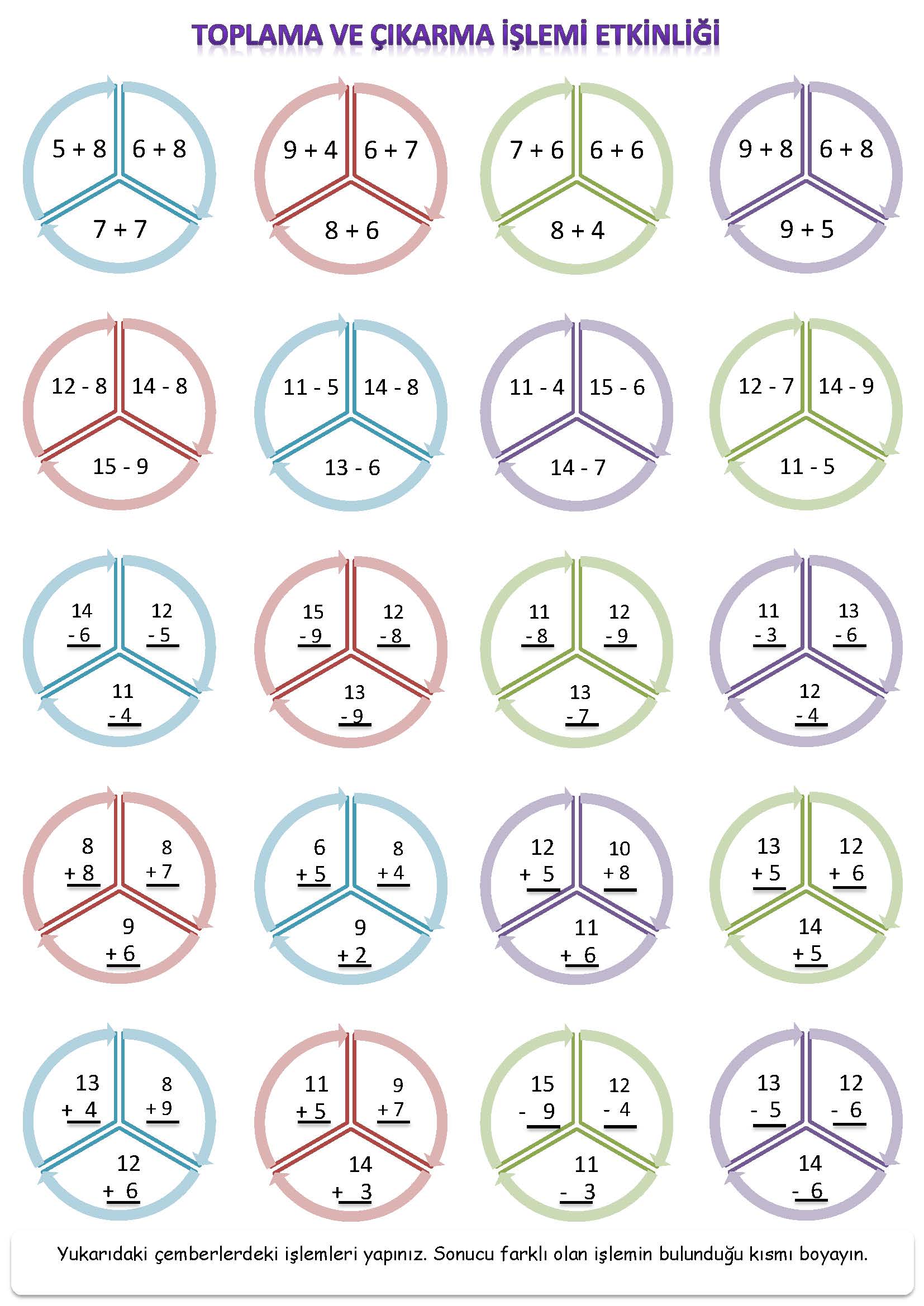 1. Sınıf Matematik Toplama ve Çıkarma İşlemi Etkinlikleri