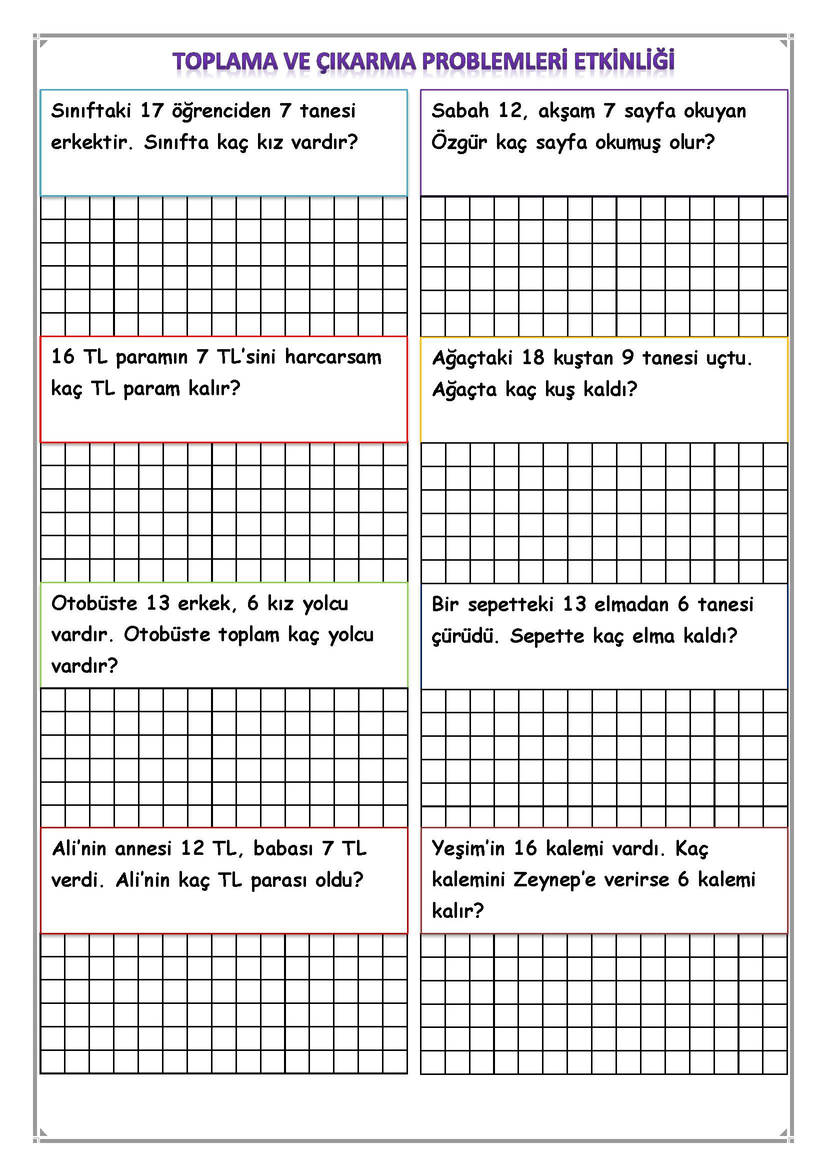 1. Sınıf Matematik Toplama ve Çıkarma İşlemi Problemleri