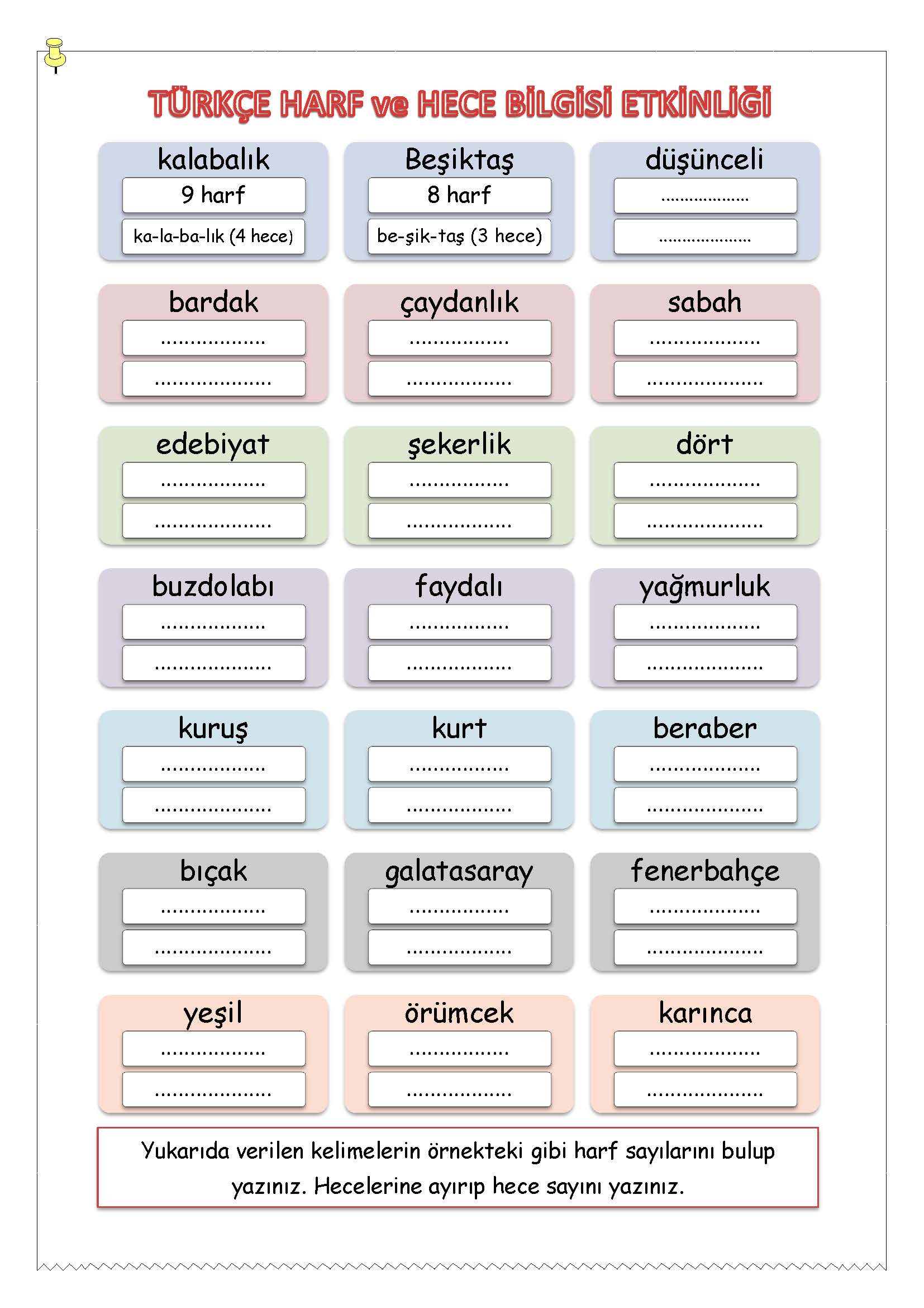 1. Sınıf Türkçe Türkçe - Harf ve Hece Bilgisi Etkinliği