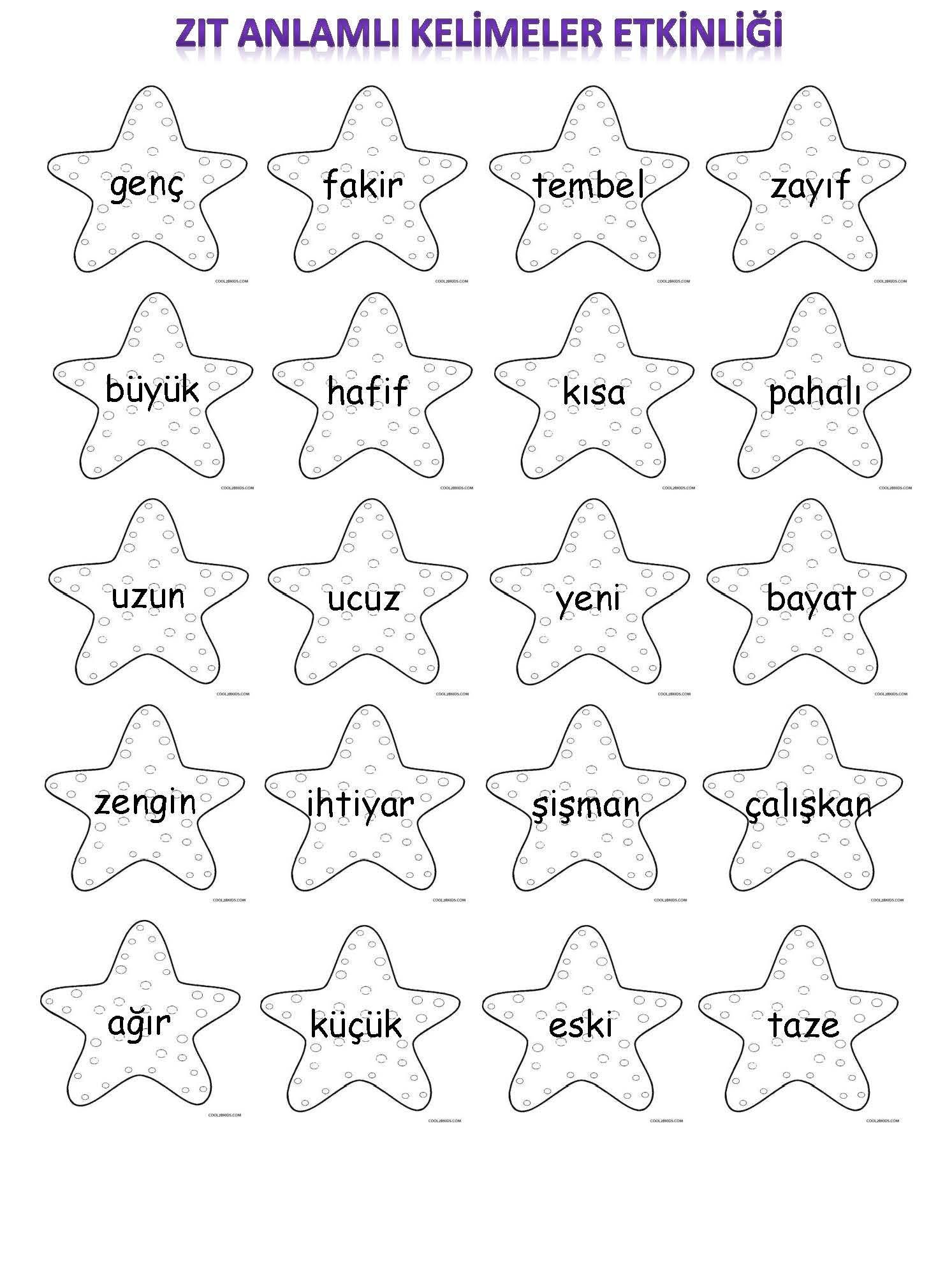 1. Sınıf Türkçe Zıt Anlamlı Kelimeler Etkinliği