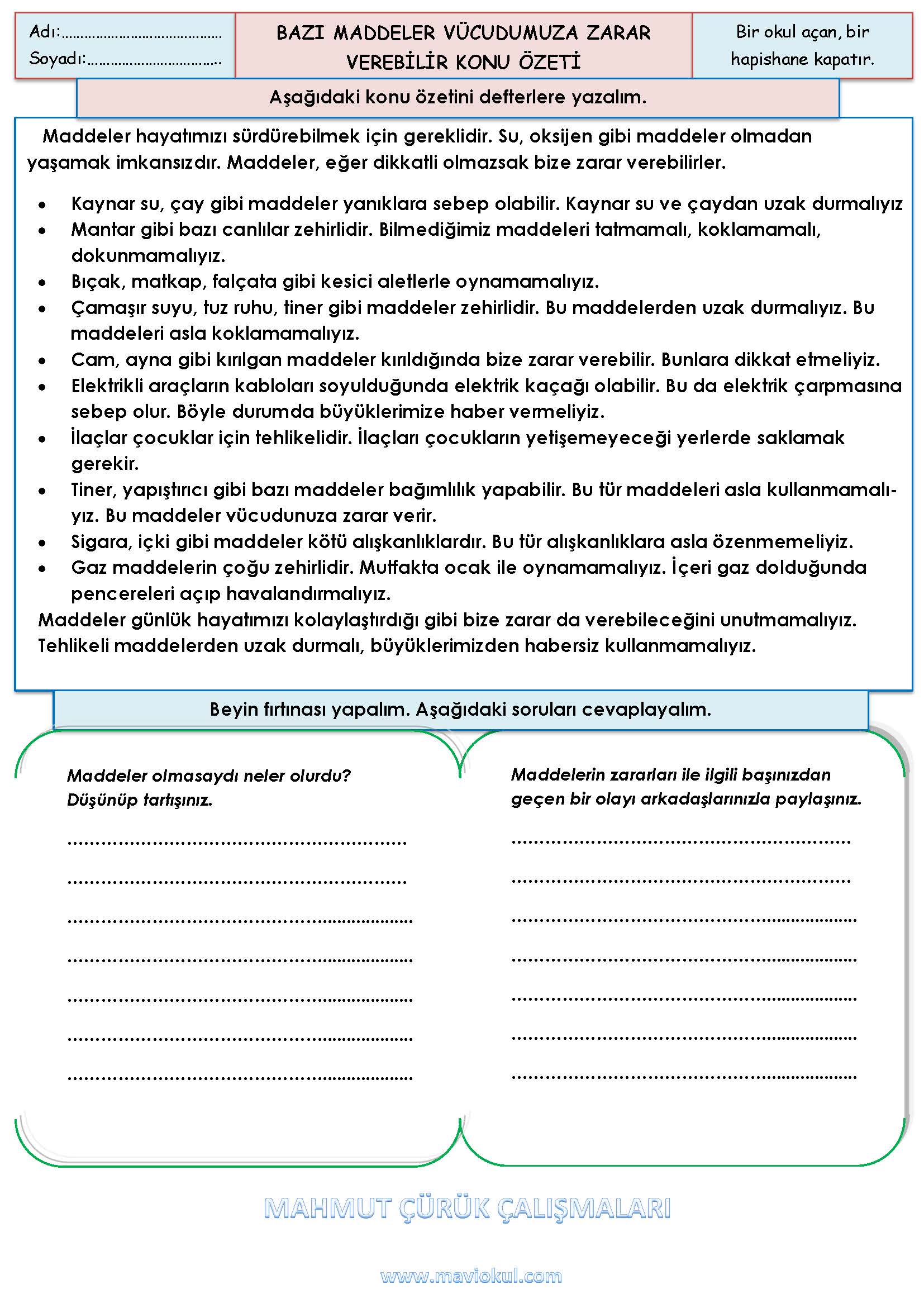 3.Sınıf - Fen Bilimleri - Bazı Maddeler Vücudumuza Zarar Verebilir Konu Özeti