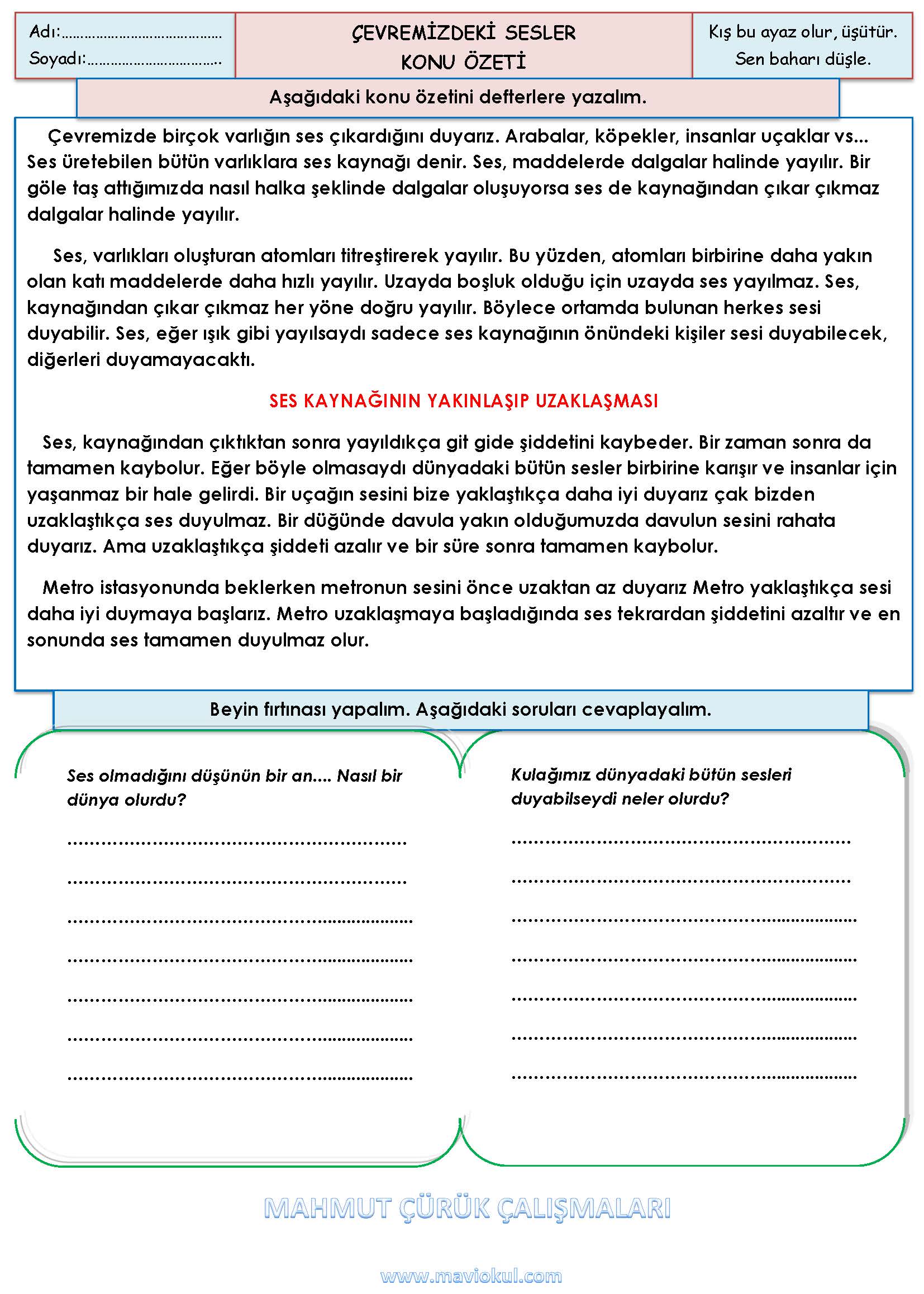 3.Sınıf - Fen Bilimleri - Çevremizdeki Sesler Konu Özeti