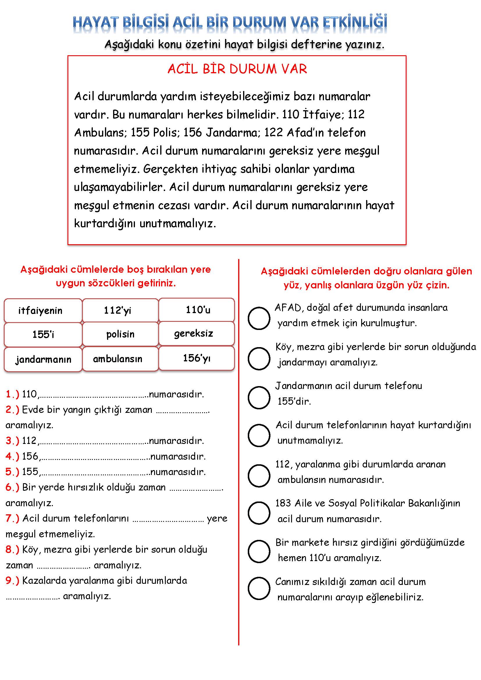 2. Sınıf Hayat Bilgisi Acil Bir Durum Var Etkinliği