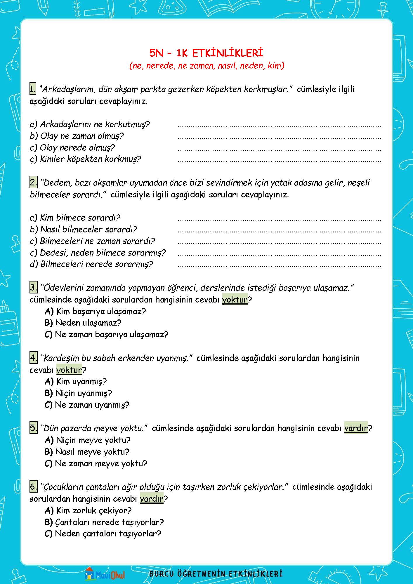 1. SINIF TÜRKÇE 5N1K ETKİNLİĞİ