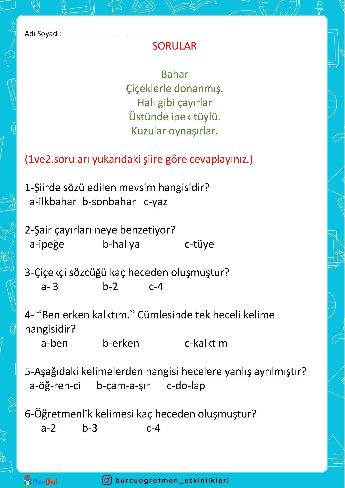 1. SINIF TÜRKÇE HECE DEĞERLENDİRME TESTİ