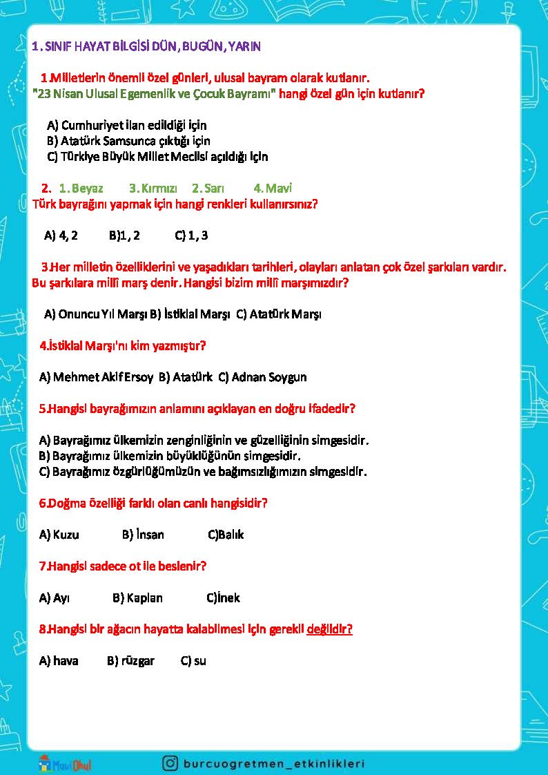 1.SINIF HAYAT BİLGİSİ DÜN, BUGÜN,YARIN ÜNİTESİ