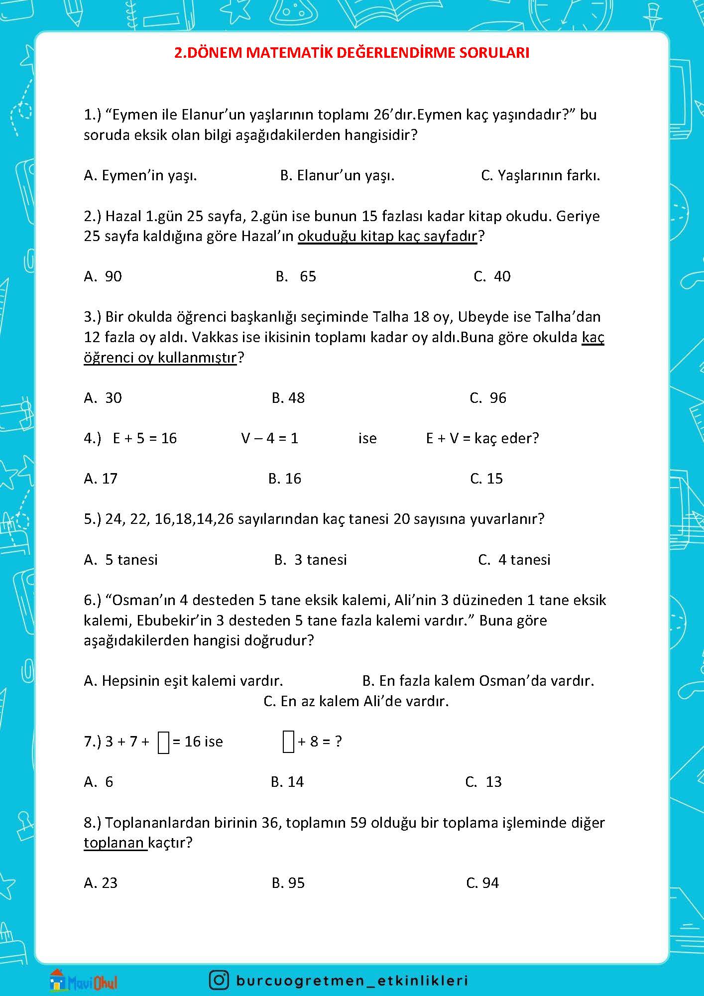 2. SINIF 2. DÖNEM MATEMATİK DEĞERLENDİRME ETKİNLİĞİ