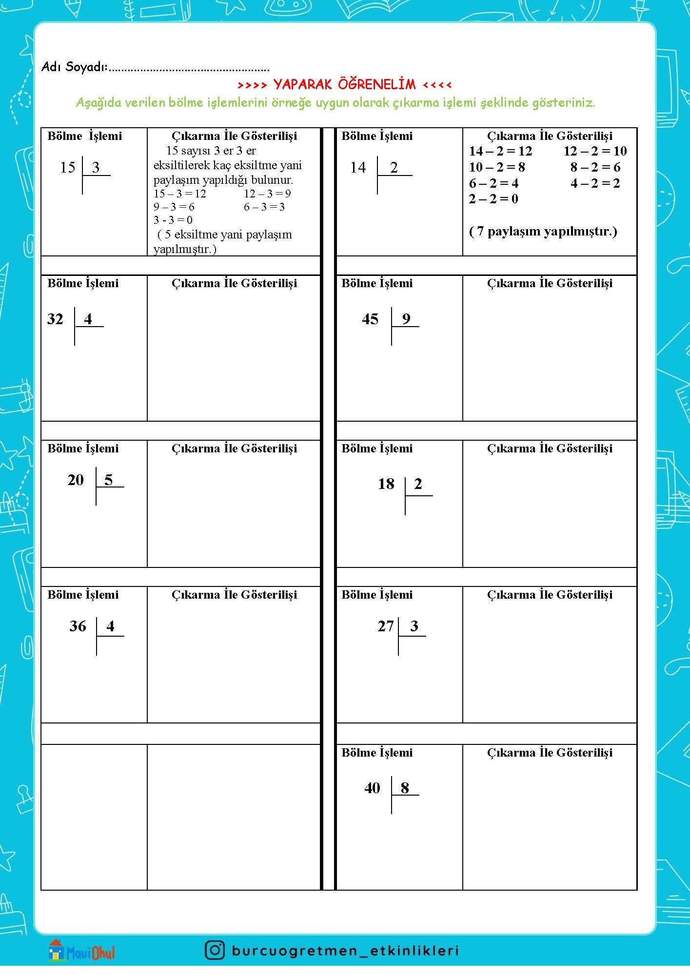 2. SINIF BÖLME İŞLEMİ ÇALIŞMA YAPRAĞI