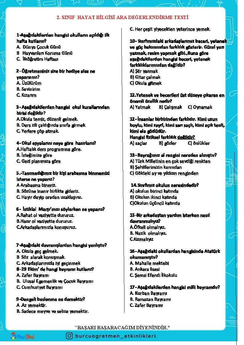 2. SINIF  HAYAT BİLGİSİ ARA DEĞERLENDİRME TESTİ