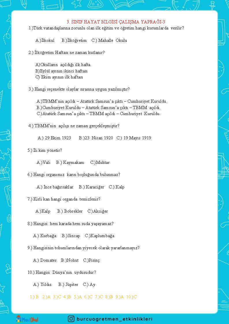 2. SINIF HAYAT BİLGİSİ ÇALIŞMA YAPRAĞI-3