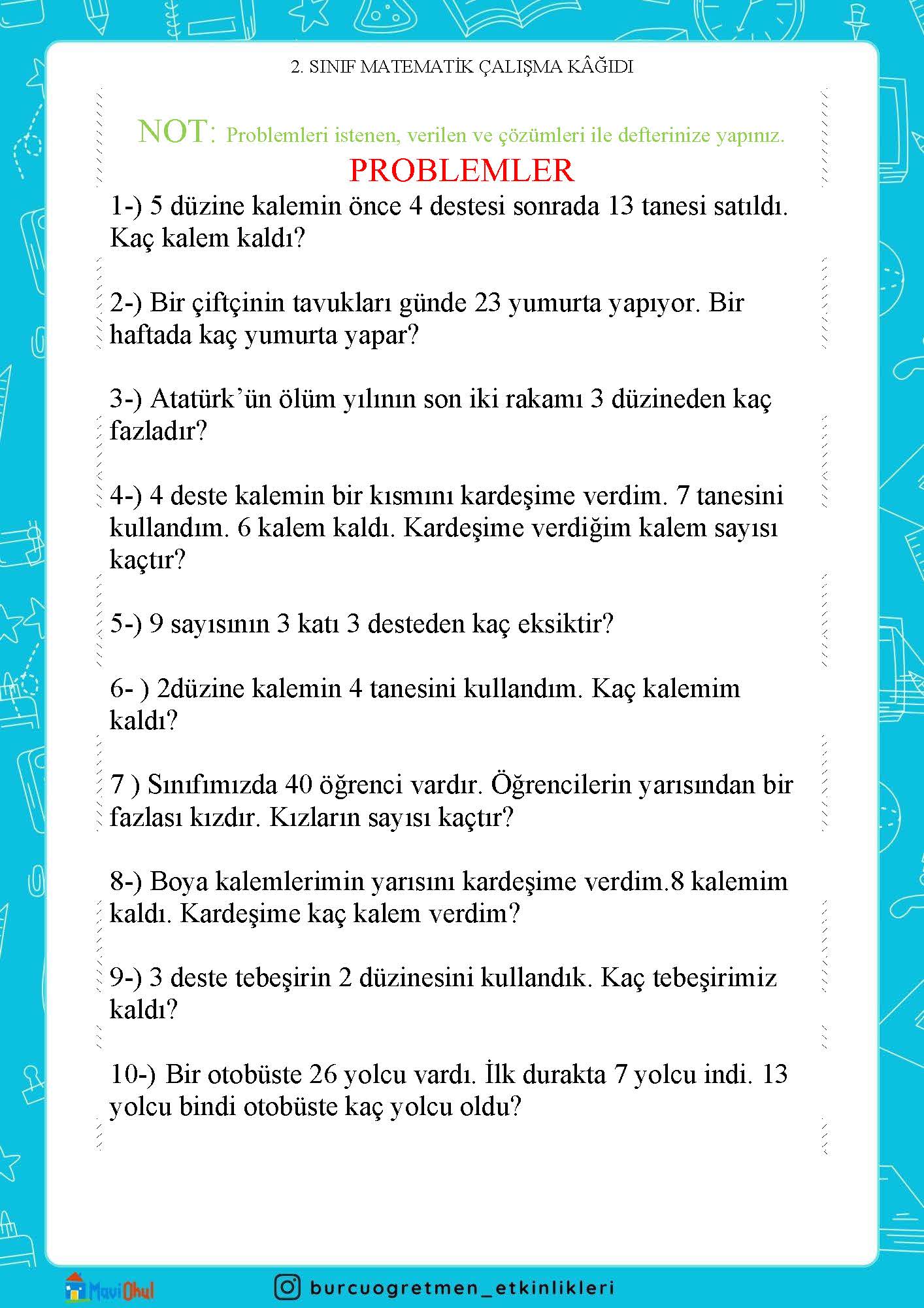 2. SINIF MATEMATİK DÖRT İŞLEM PROBLEMLERİ
