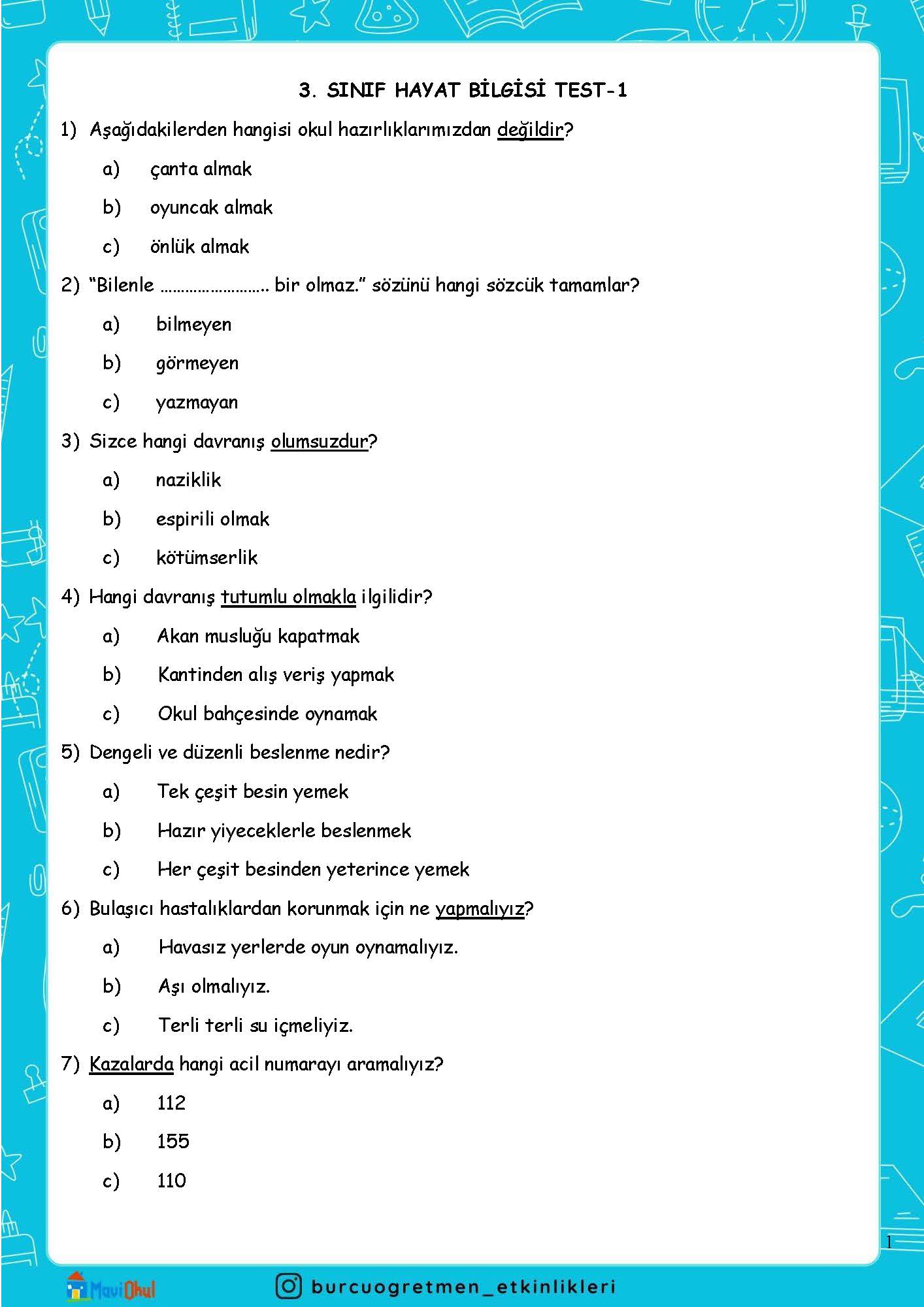3. SINIF HAYAT BİLGİSİ-TEST 1