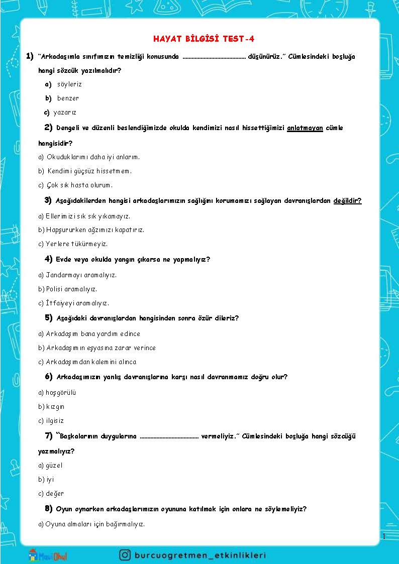 3.SINIF HAYAT BİLGİSİ-TEST 4