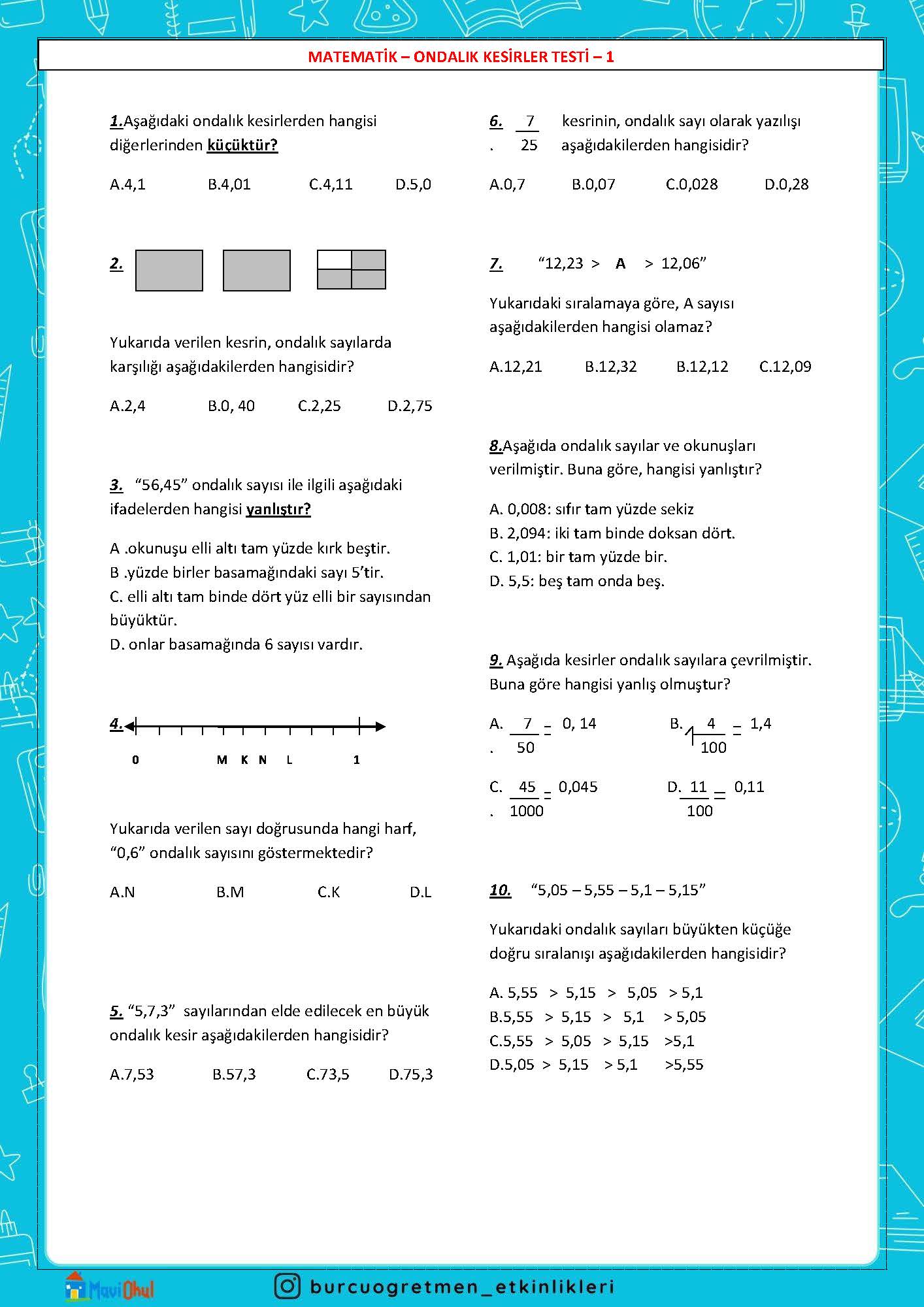 4. SINIF MATEMATİK ONDALIK KESİRLER TESTİ-1