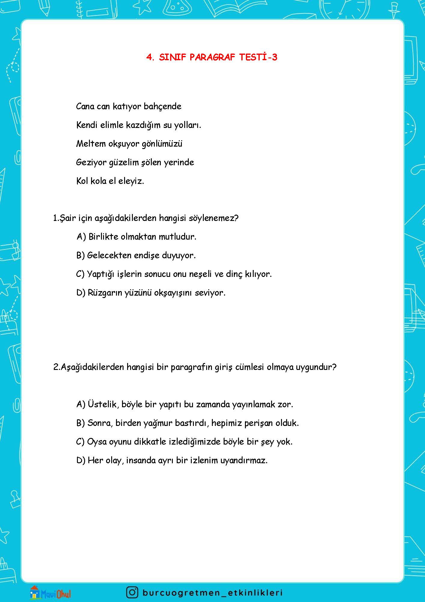 4. SINIF PARAGRAF TESTİ-3