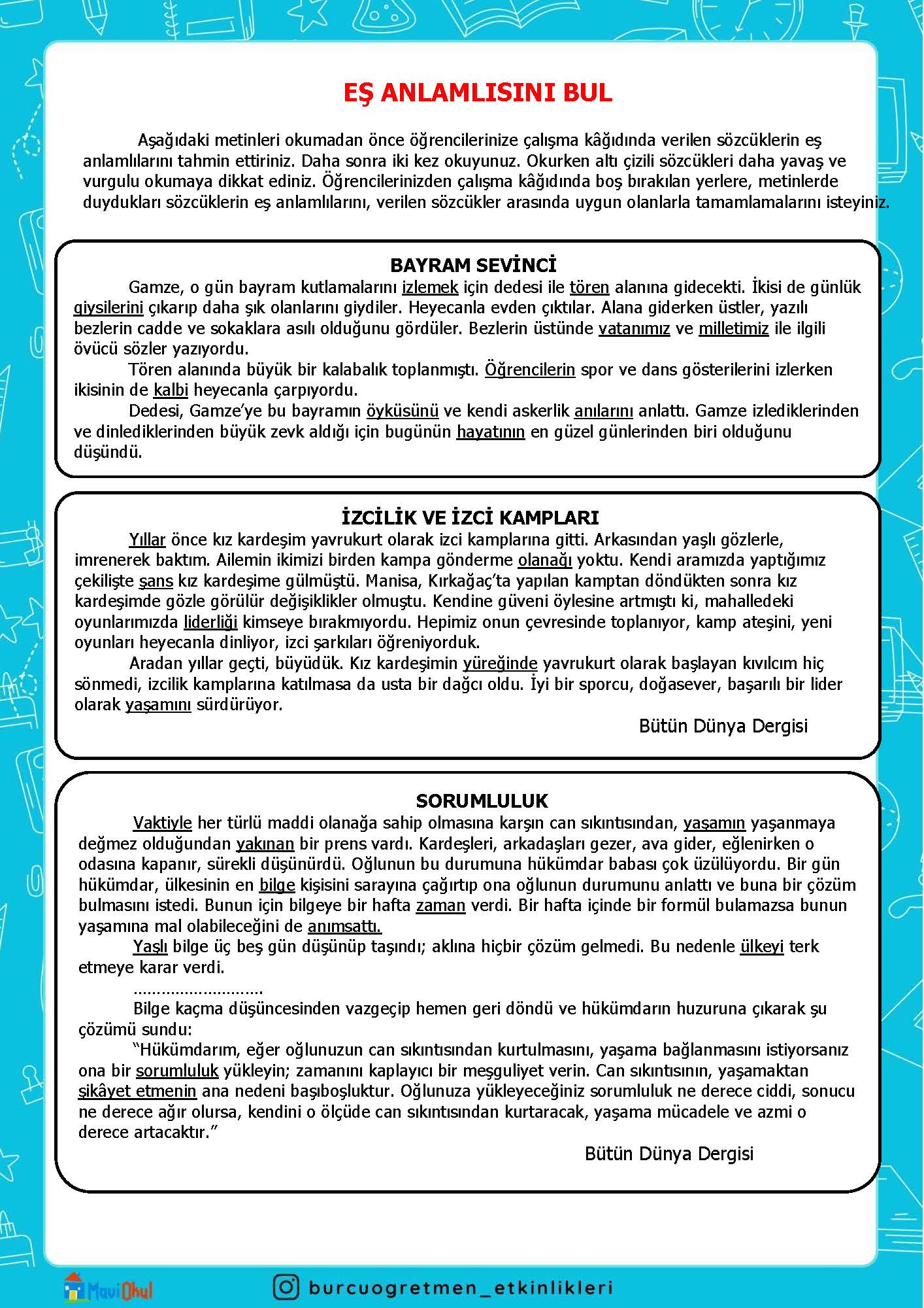 4. SINIF TÜRKÇE EŞ ANLAMLISINI BUL