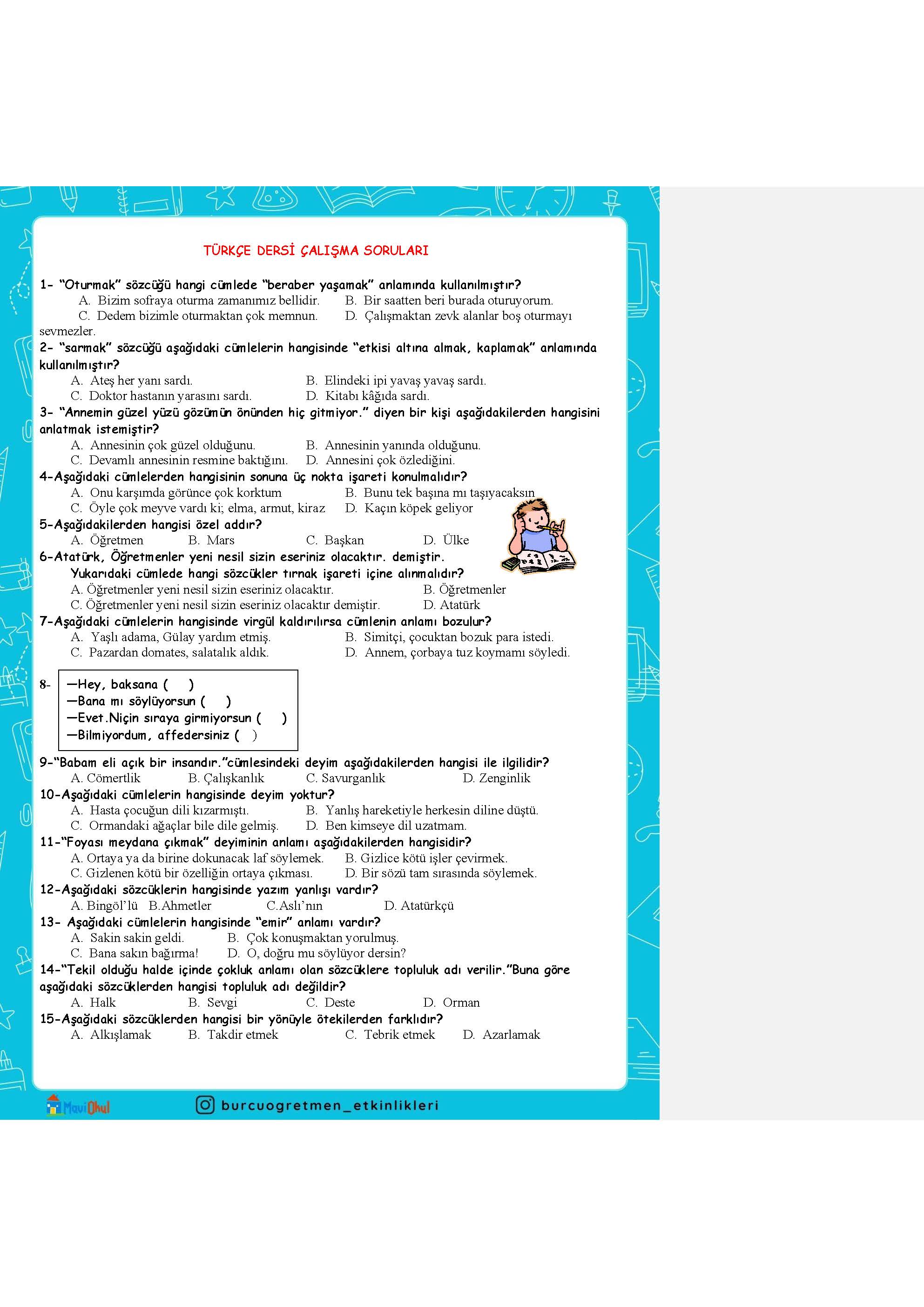 4. SINIF TÜRKÇE TESTİ 1. DÖNEM
