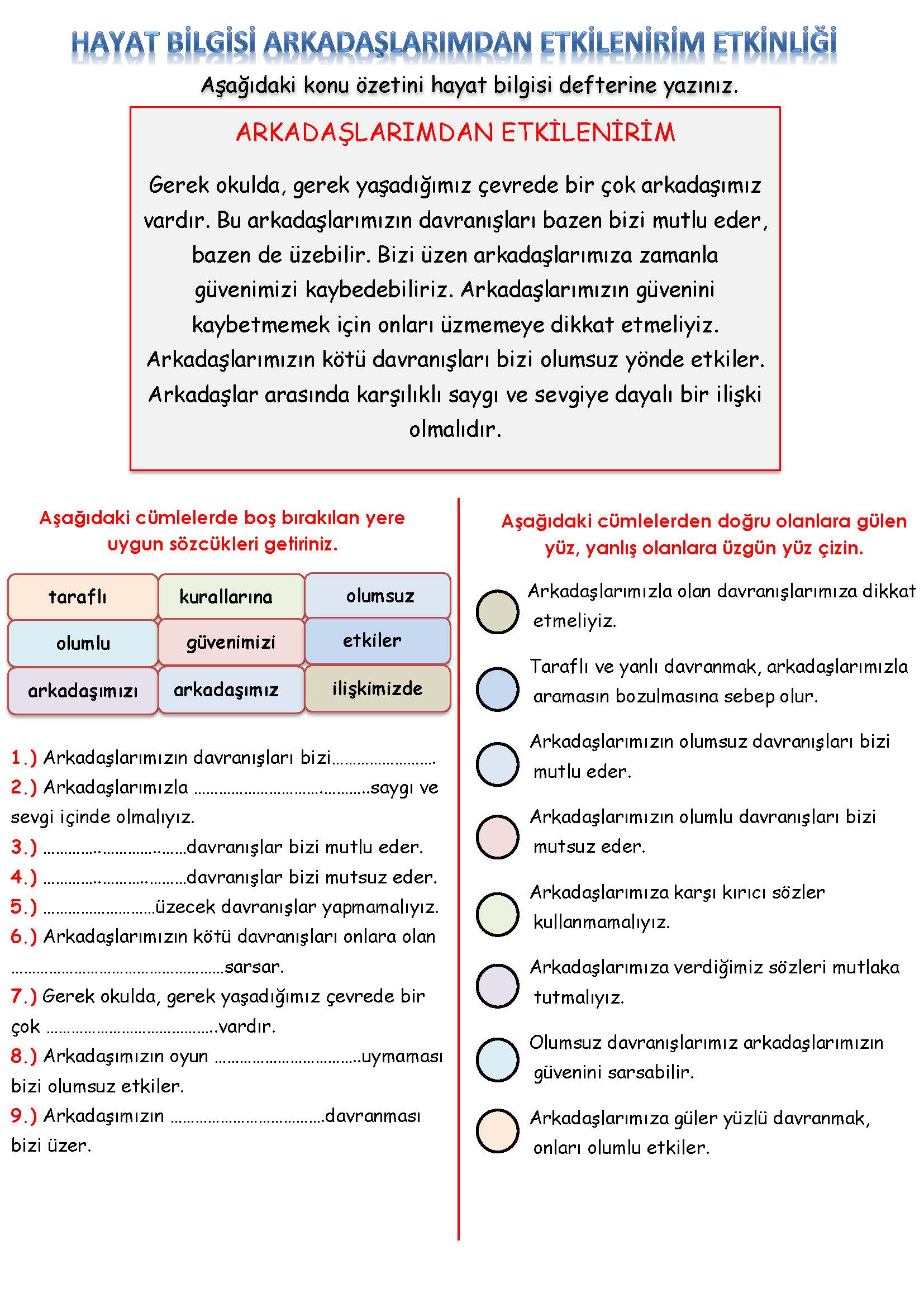 3. Sınıf Hayat Bilgisi Arkadaşlarımdan Etkilenirim Etkinliği