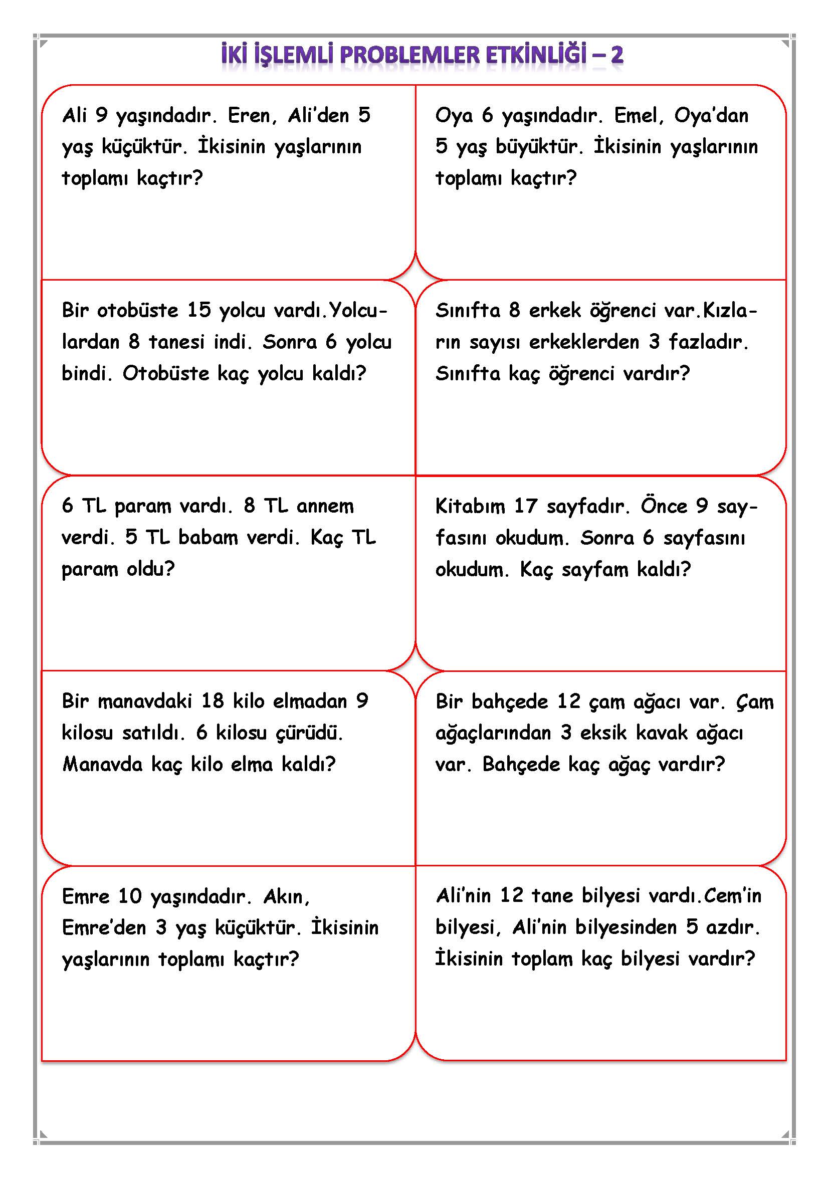 1. Sınıf Matematik İki İşlemli Problemler Etkinliği-2